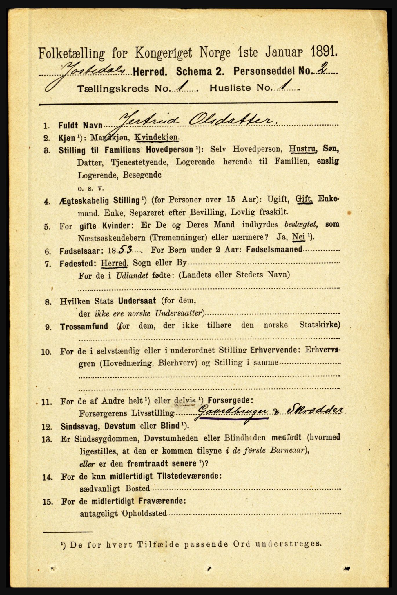 RA, 1891 census for 1427 Jostedal, 1891, p. 67