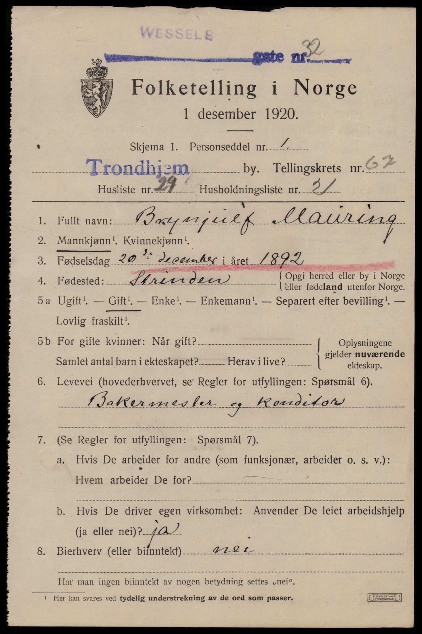 SAT, 1920 census for Trondheim, 1920, p. 133962