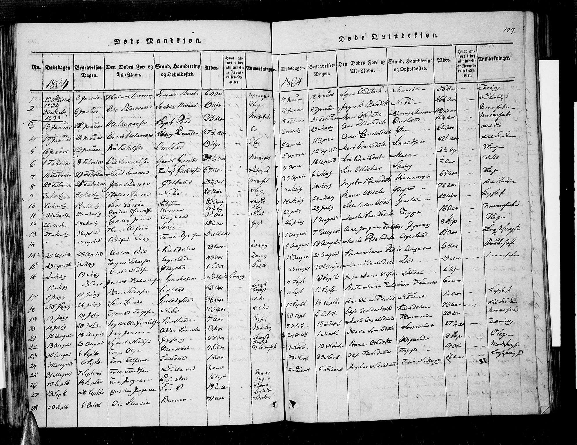 Søndeled sokneprestkontor, SAK/1111-0038/F/Fa/L0001: Parish register (official) no. A 1, 1816-1838, p. 107