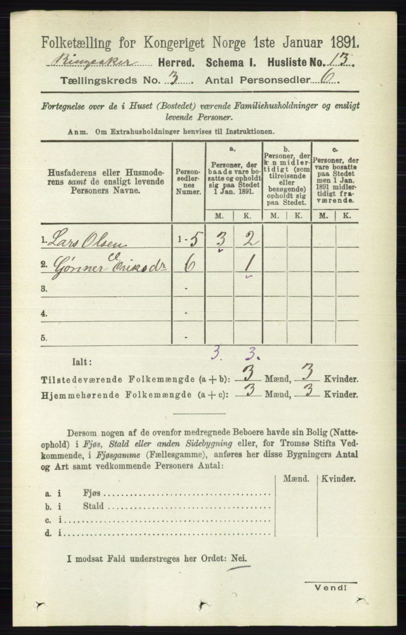 RA, 1891 census for 0412 Ringsaker, 1891, p. 1174