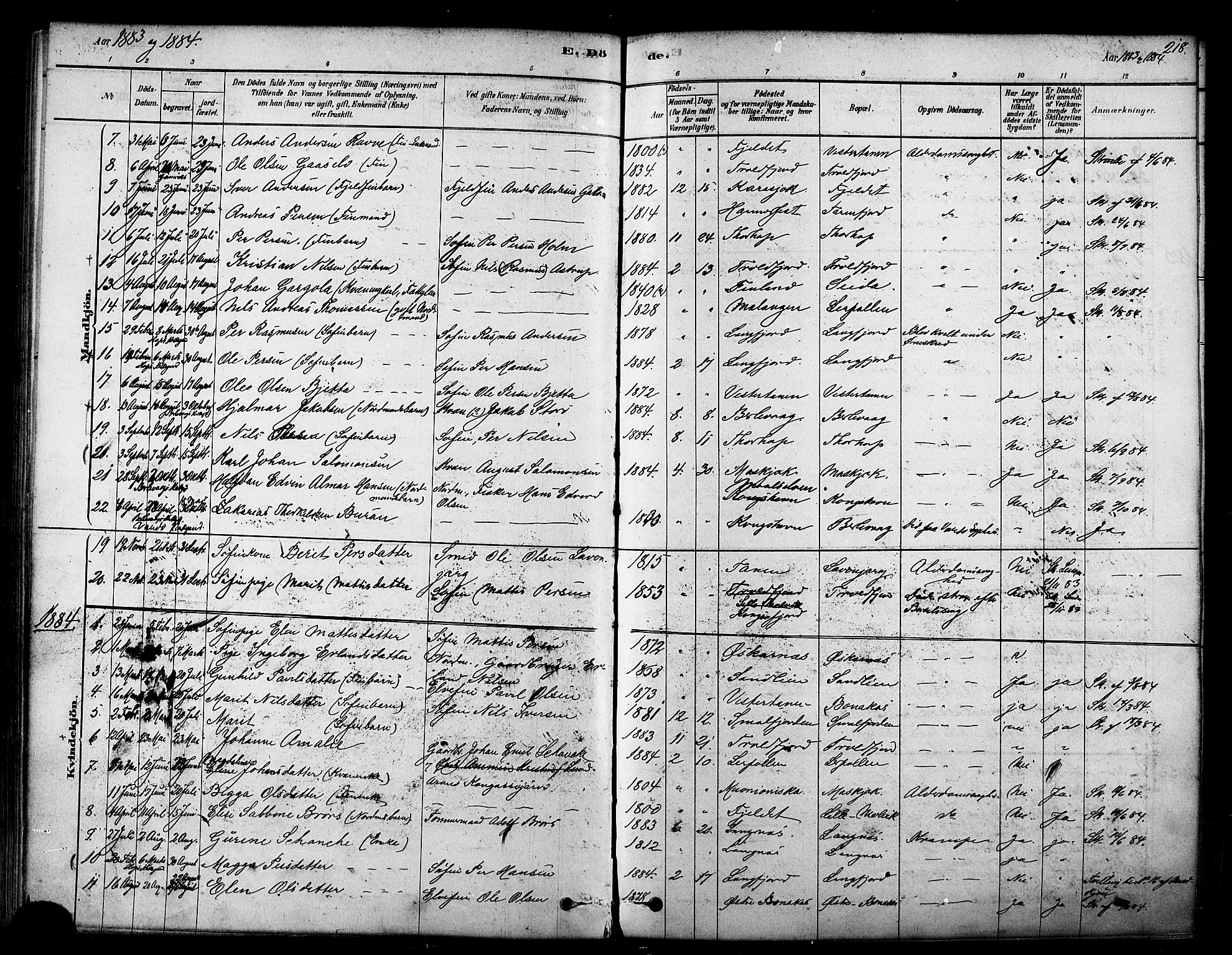Tana sokneprestkontor, SATØ/S-1334/H/Ha/L0004kirke: Parish register (official) no. 4, 1878-1891, p. 218