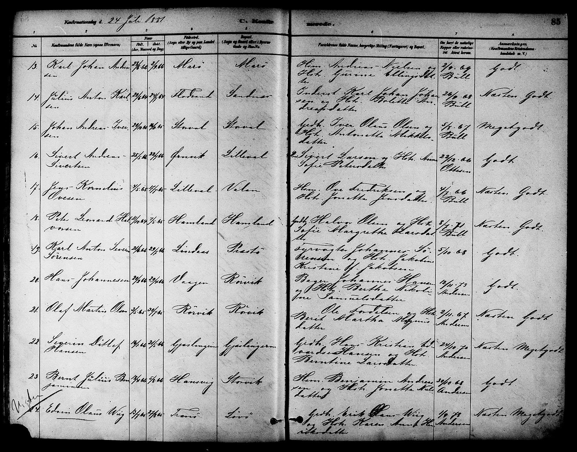 Ministerialprotokoller, klokkerbøker og fødselsregistre - Nord-Trøndelag, AV/SAT-A-1458/784/L0672: Parish register (official) no. 784A07, 1880-1887, p. 85