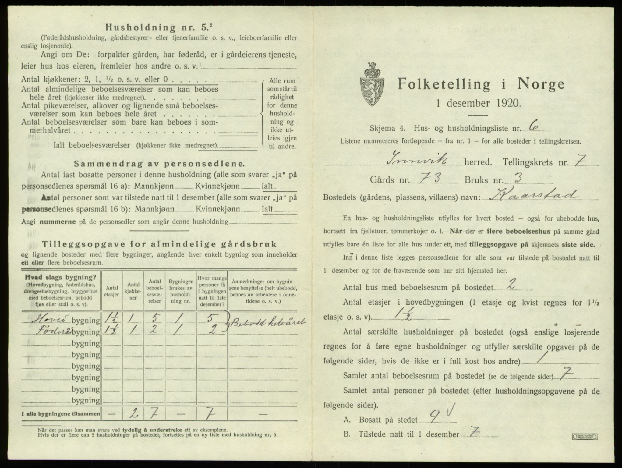 SAB, 1920 census for Innvik, 1920, p. 401