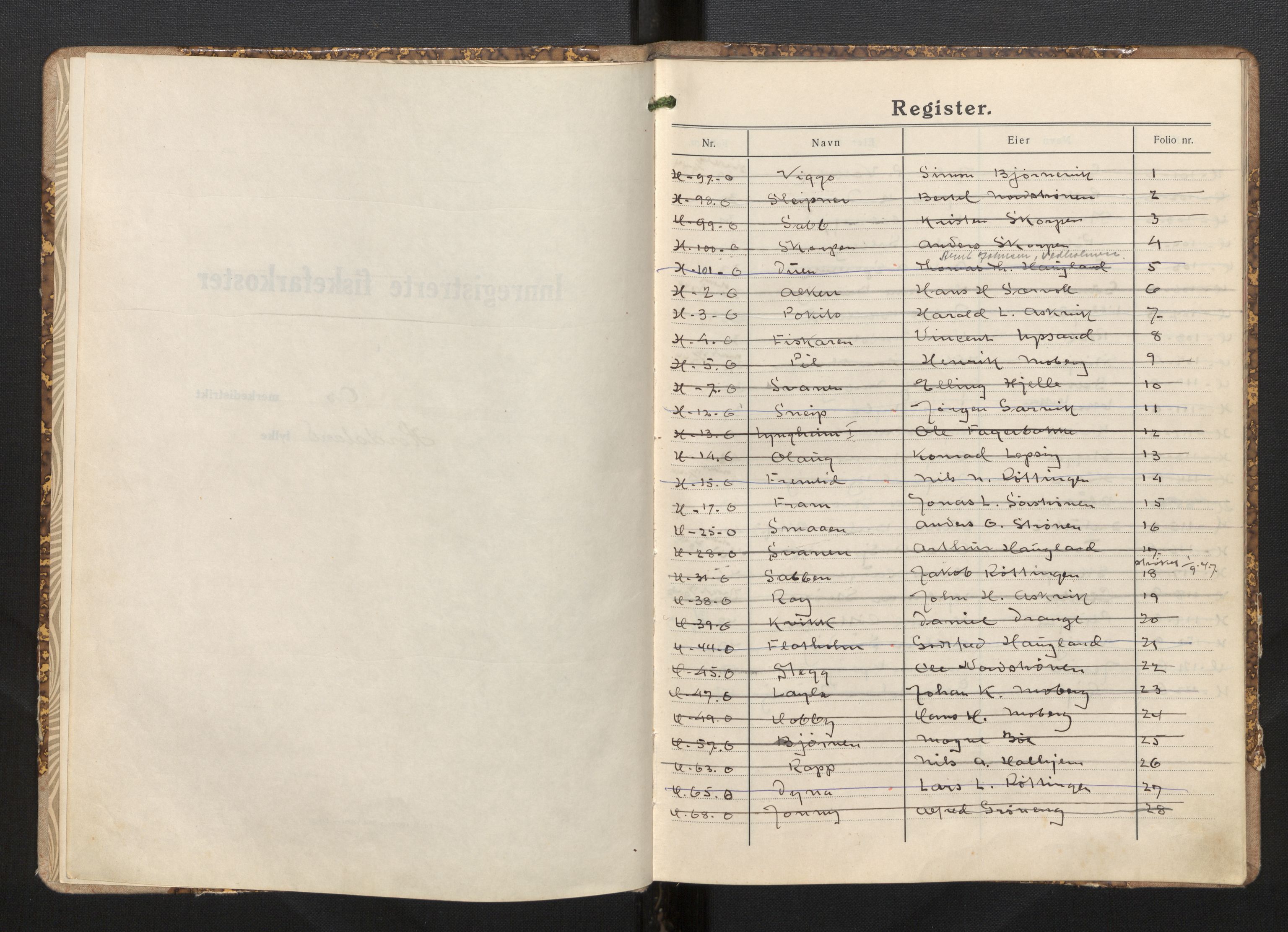 Fiskeridirektoratet - 1 Adm. ledelse - 13 Båtkontoret, AV/SAB-A-2003/I/Ia/Iah/L0102: 135.0836/3 Merkeprotokoll - Os, 1941-1943