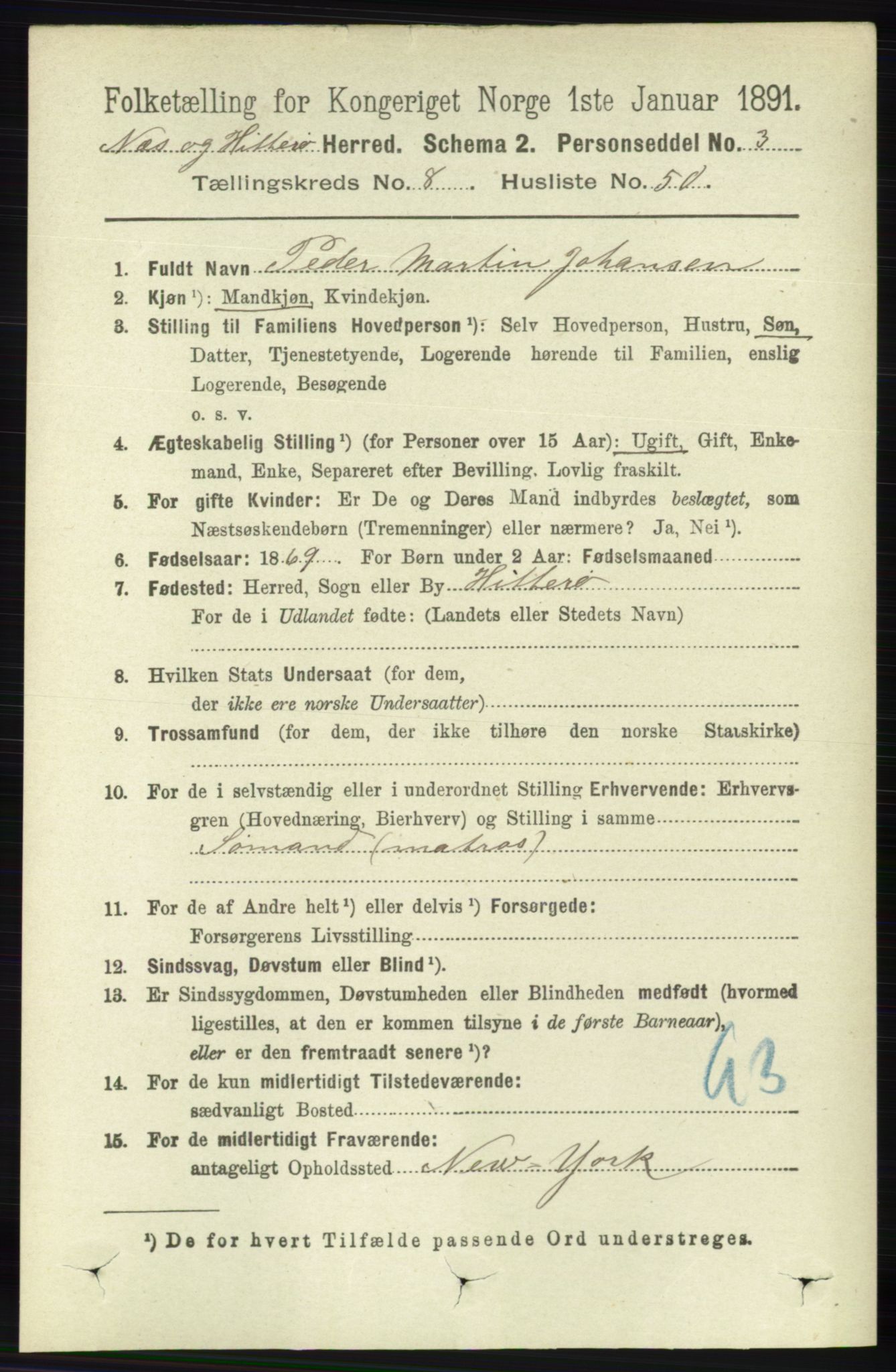 RA, 1891 census for 1043 Hidra og Nes, 1891, p. 3577