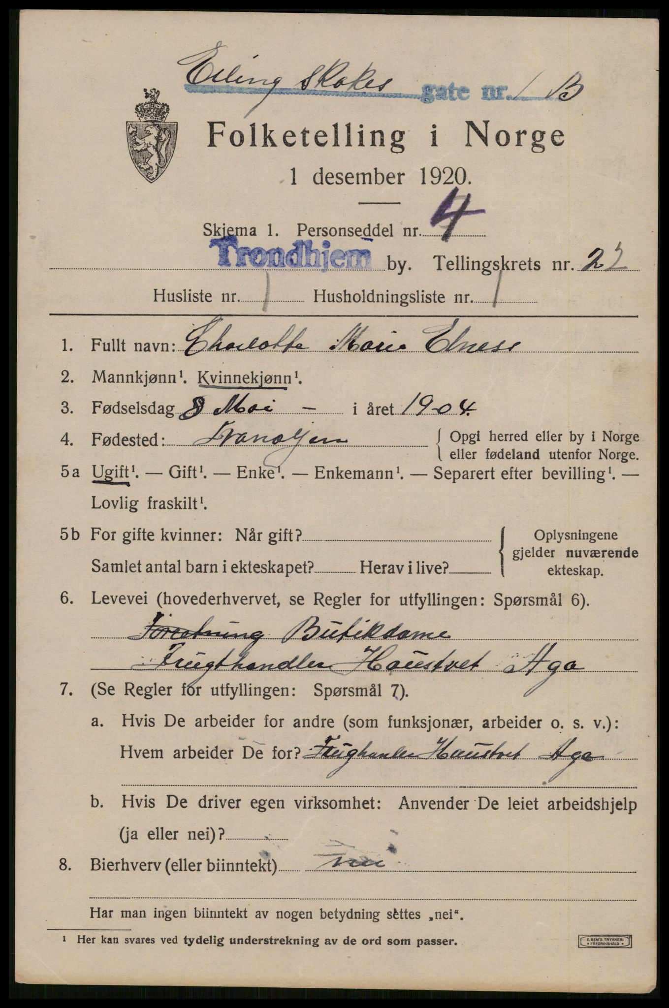 SAT, 1920 census for Trondheim, 1920, p. 62406