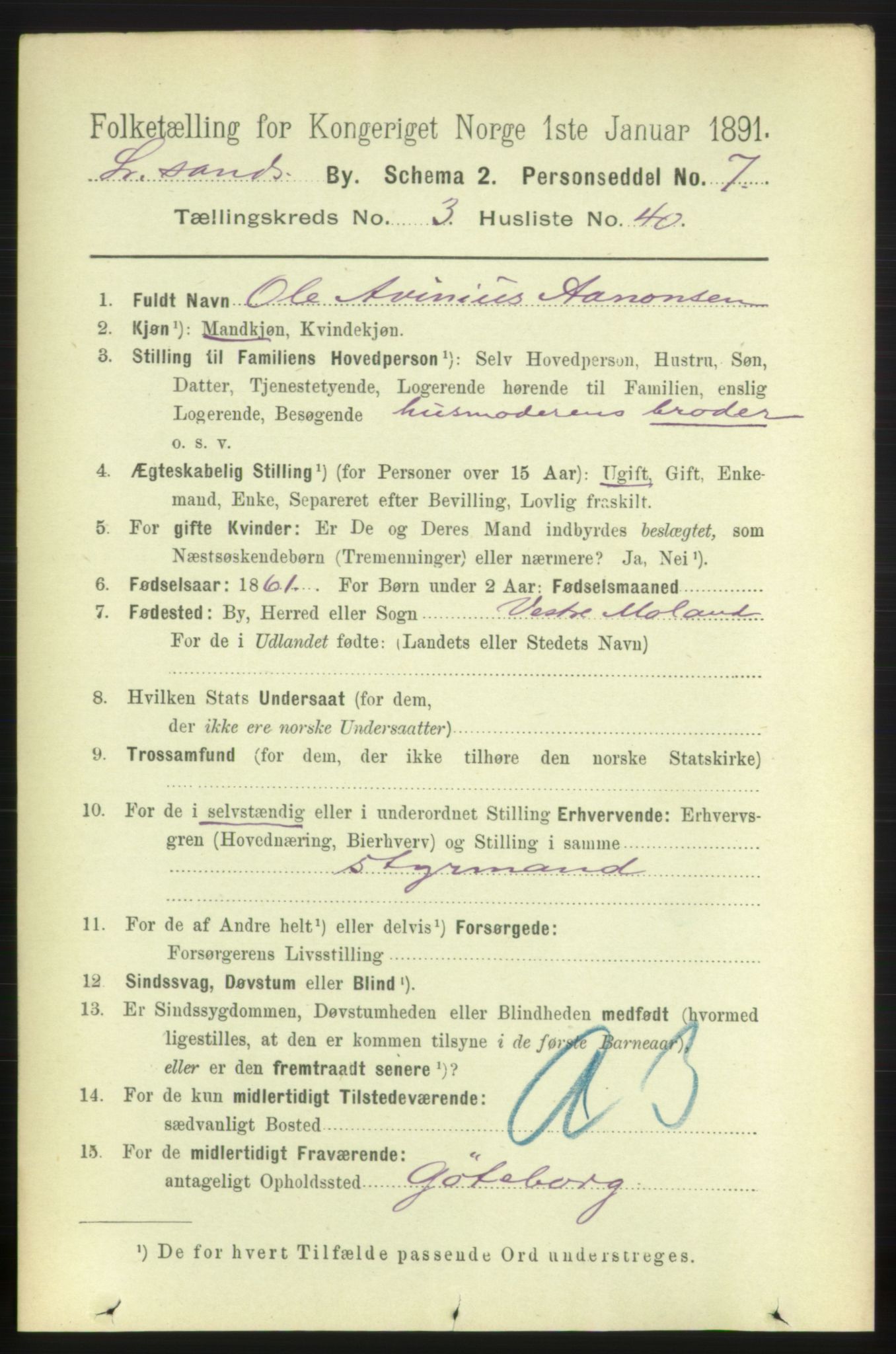 RA, 1891 census for 0905 Lillesand, 1891, p. 1015