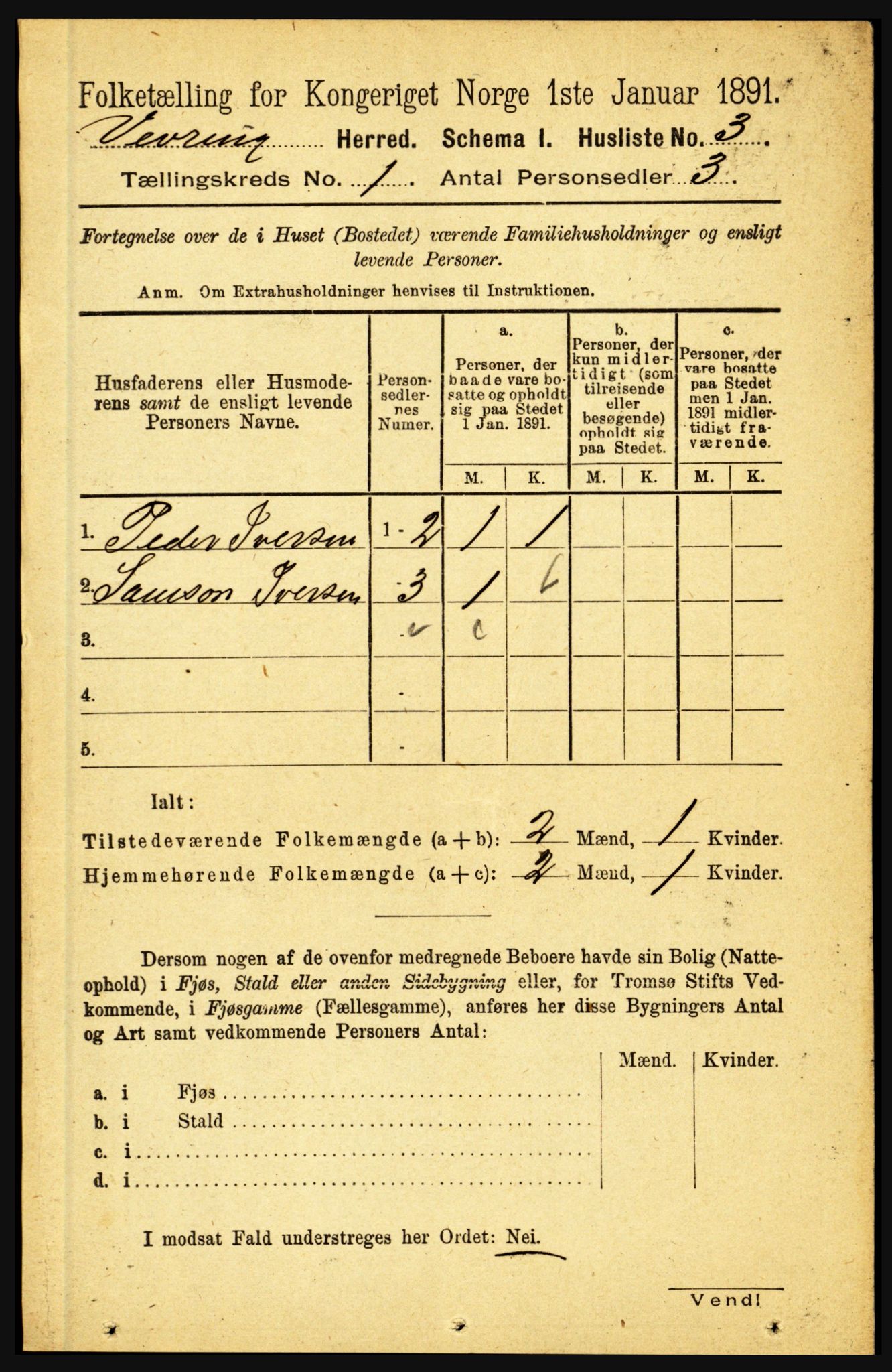 RA, 1891 census for 1434 Vevring, 1891, p. 16