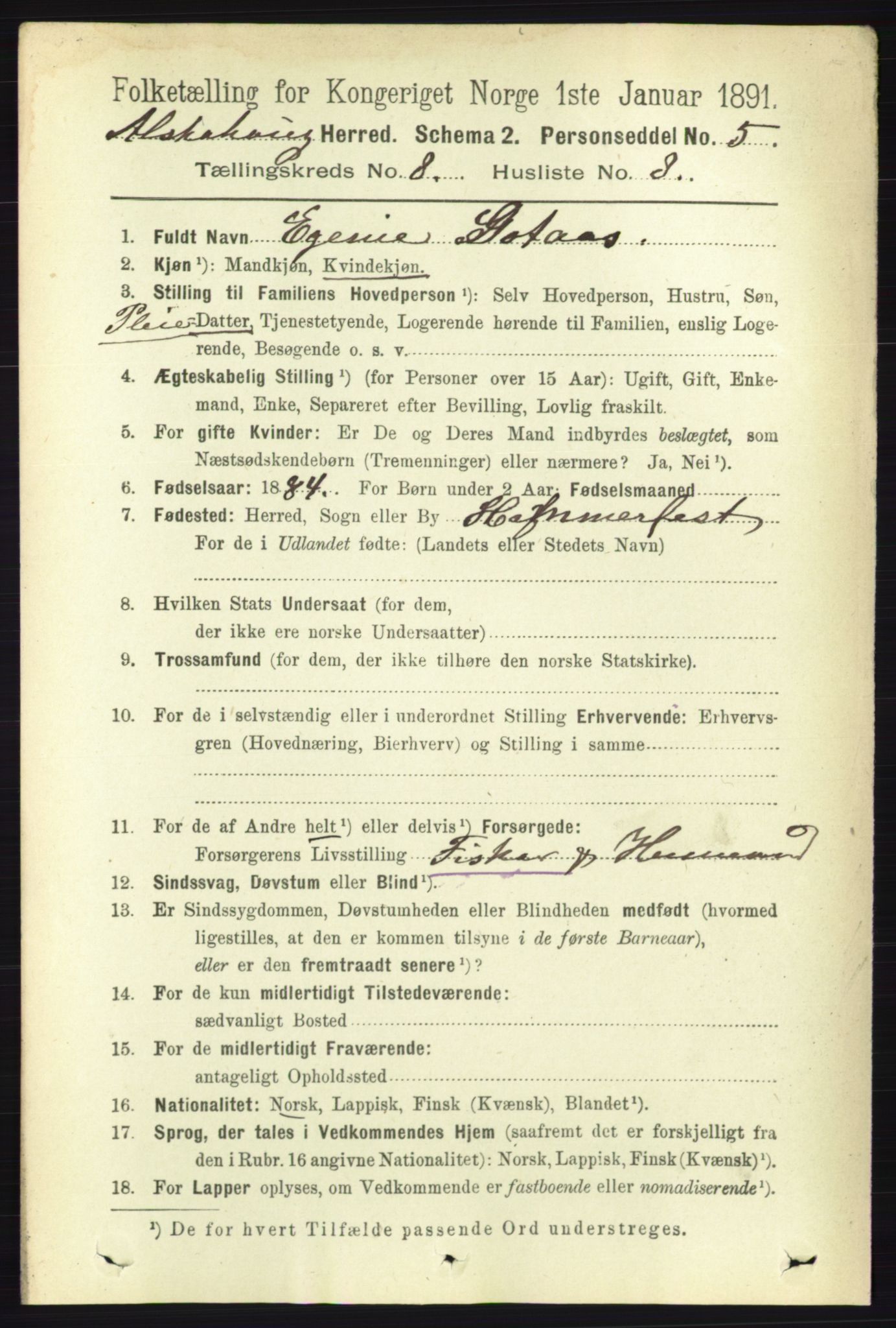 RA, 1891 census for 1820 Alstahaug, 1891, p. 2945