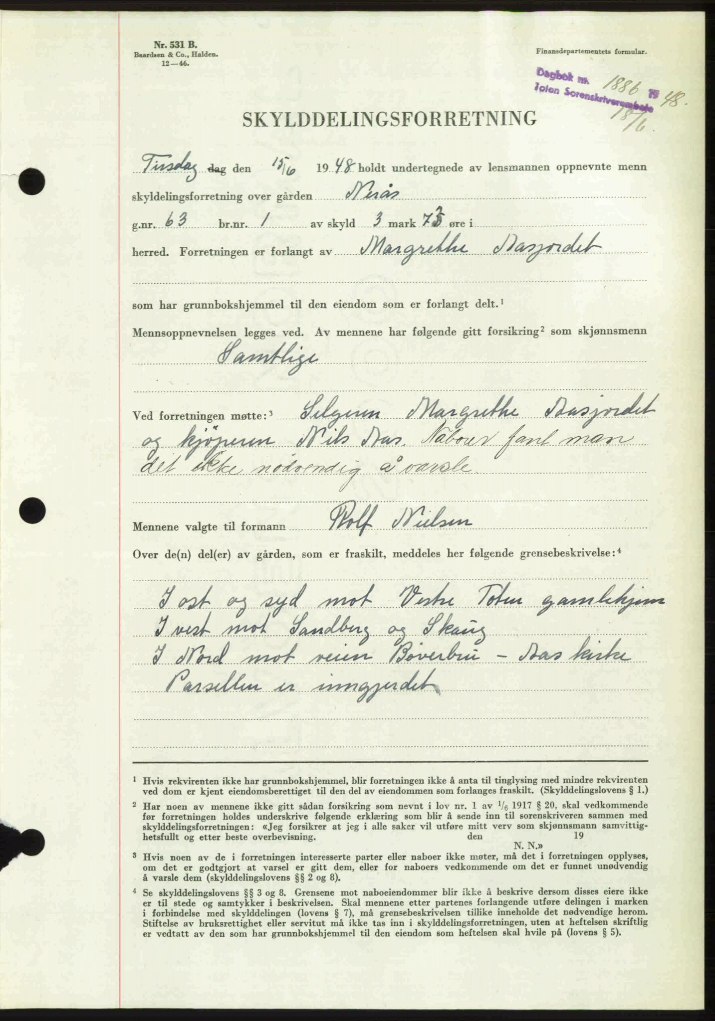 Toten tingrett, SAH/TING-006/H/Hb/Hbc/L0020: Mortgage book no. Hbc-20, 1948-1948, Diary no: : 1886/1948