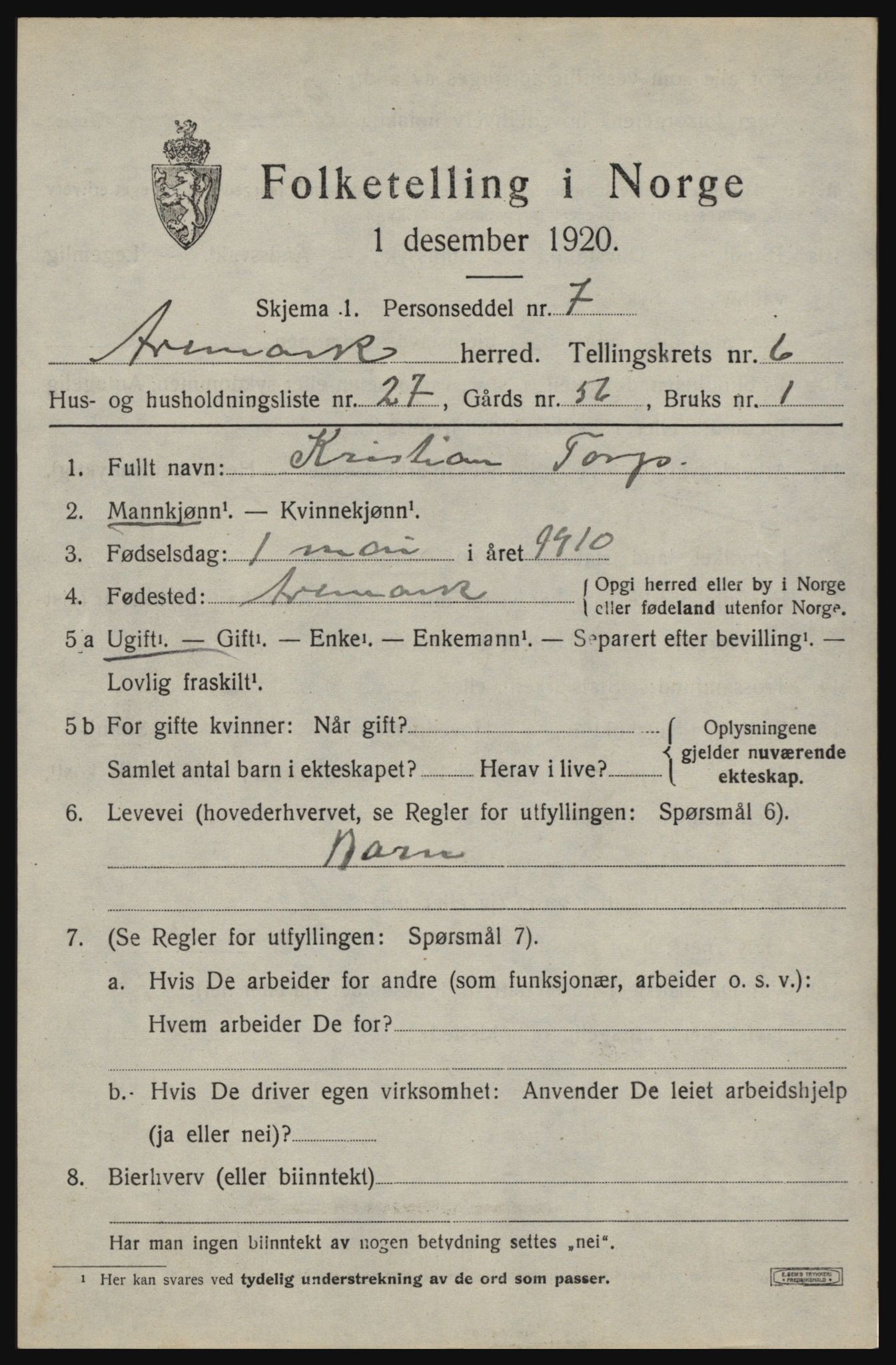 SAO, 1920 census for Aremark, 1920, p. 4057