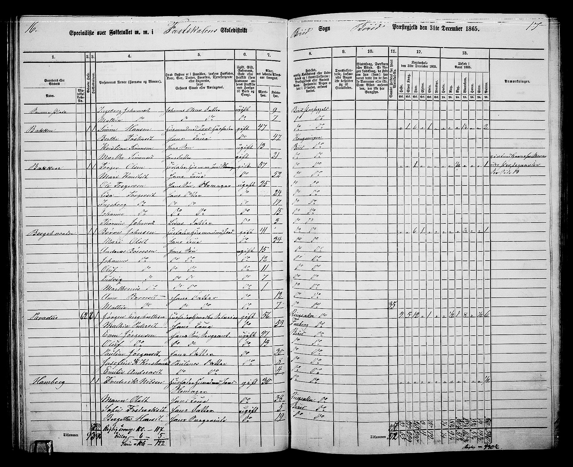 RA, 1865 census for Biri, 1865, p. 61