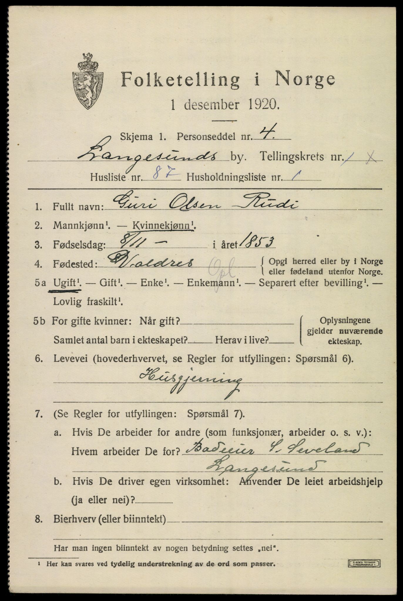 SAKO, 1920 census for Langesund, 1920, p. 3683