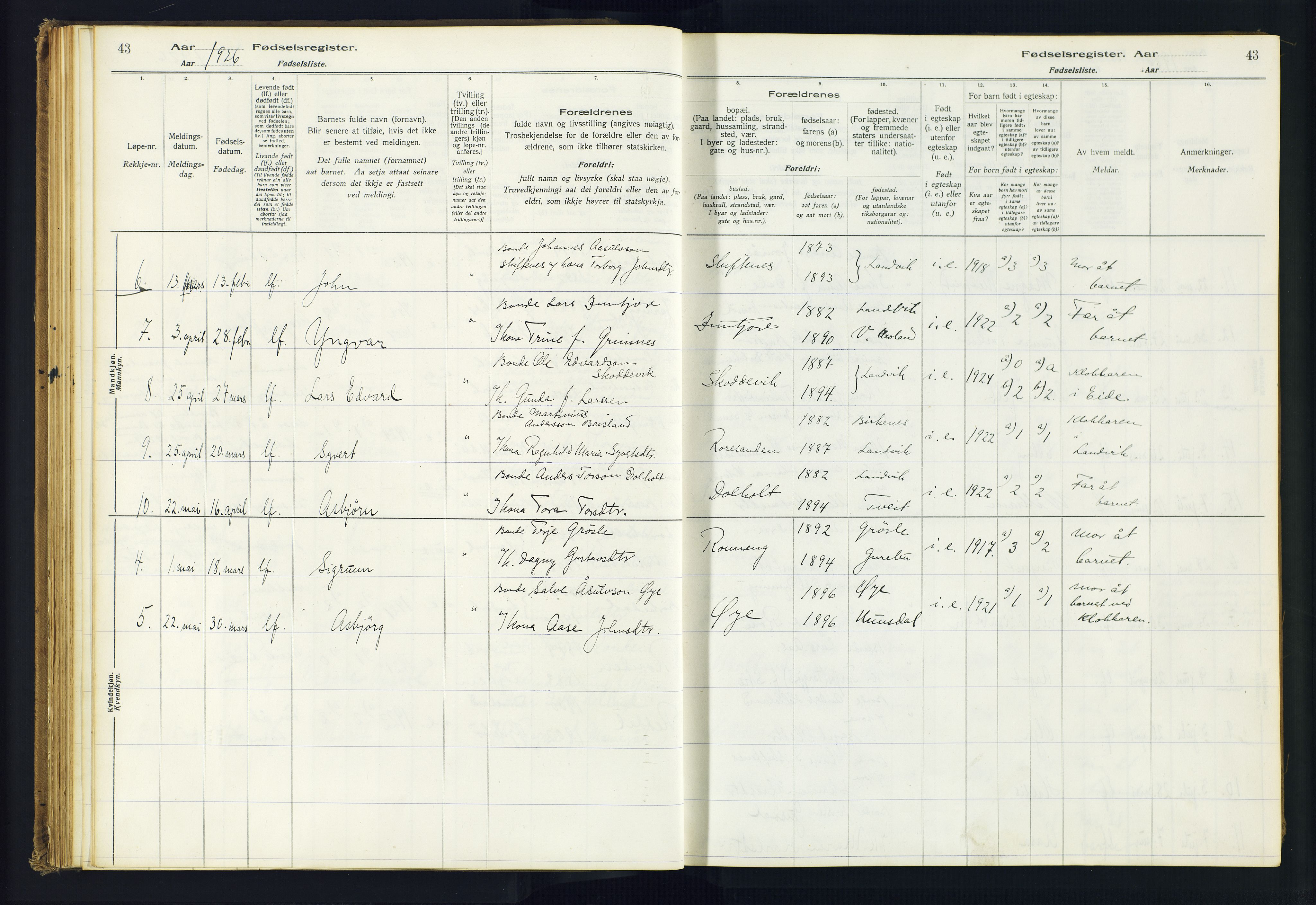 Hommedal sokneprestkontor, AV/SAK-1111-0023/J/Jd/L0001: Birth register no. 1, 1916-1962, p. 43
