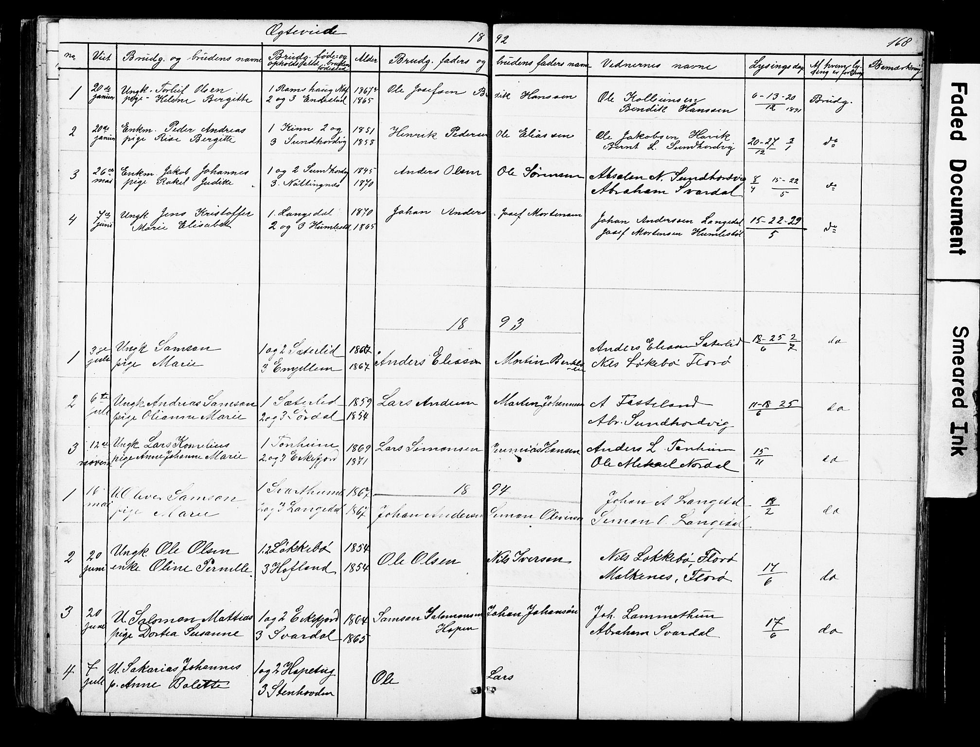 Kinn sokneprestembete, AV/SAB-A-80801/H/Hab/Habe/L0001: Parish register (copy) no. E 1, 1864-1899, p. 168