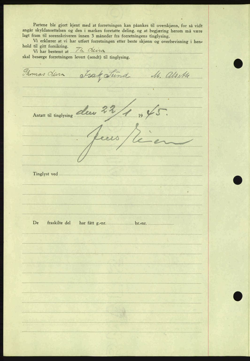 Fosen sorenskriveri, AV/SAT-A-1107/1/2/2C: Mortgage book no. A3, 1943-1945, Diary no: : 84/1945