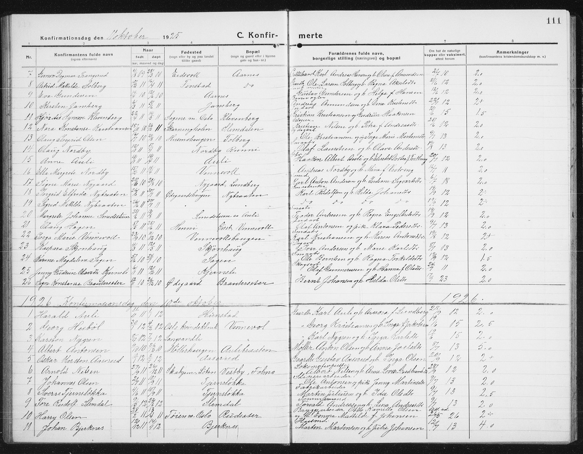 Nes prestekontor Kirkebøker, SAO/A-10410/G/Gc/L0002: Parish register (copy) no. III 2, 1915-1943, p. 111