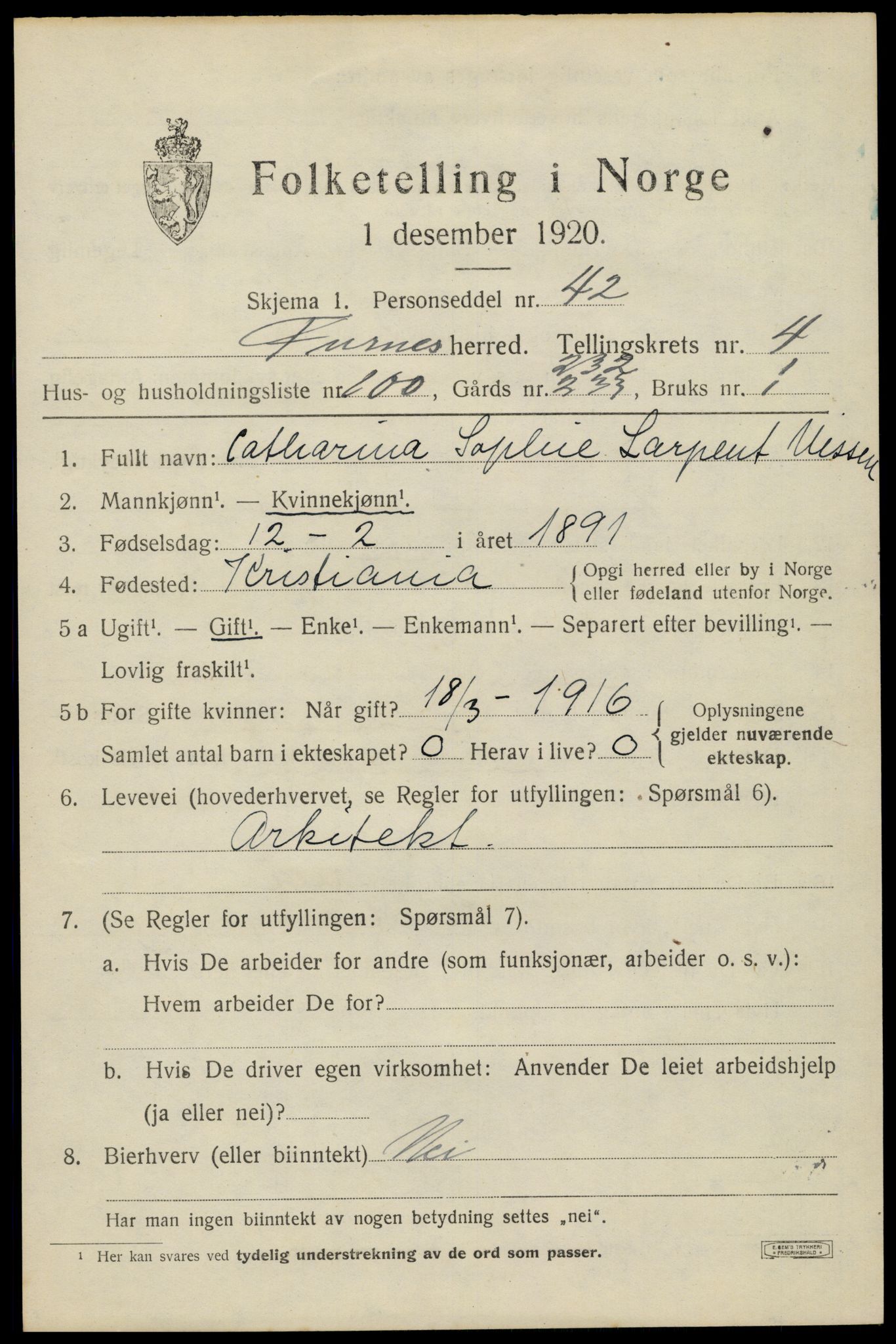 SAH, 1920 census for Furnes, 1920, p. 7099