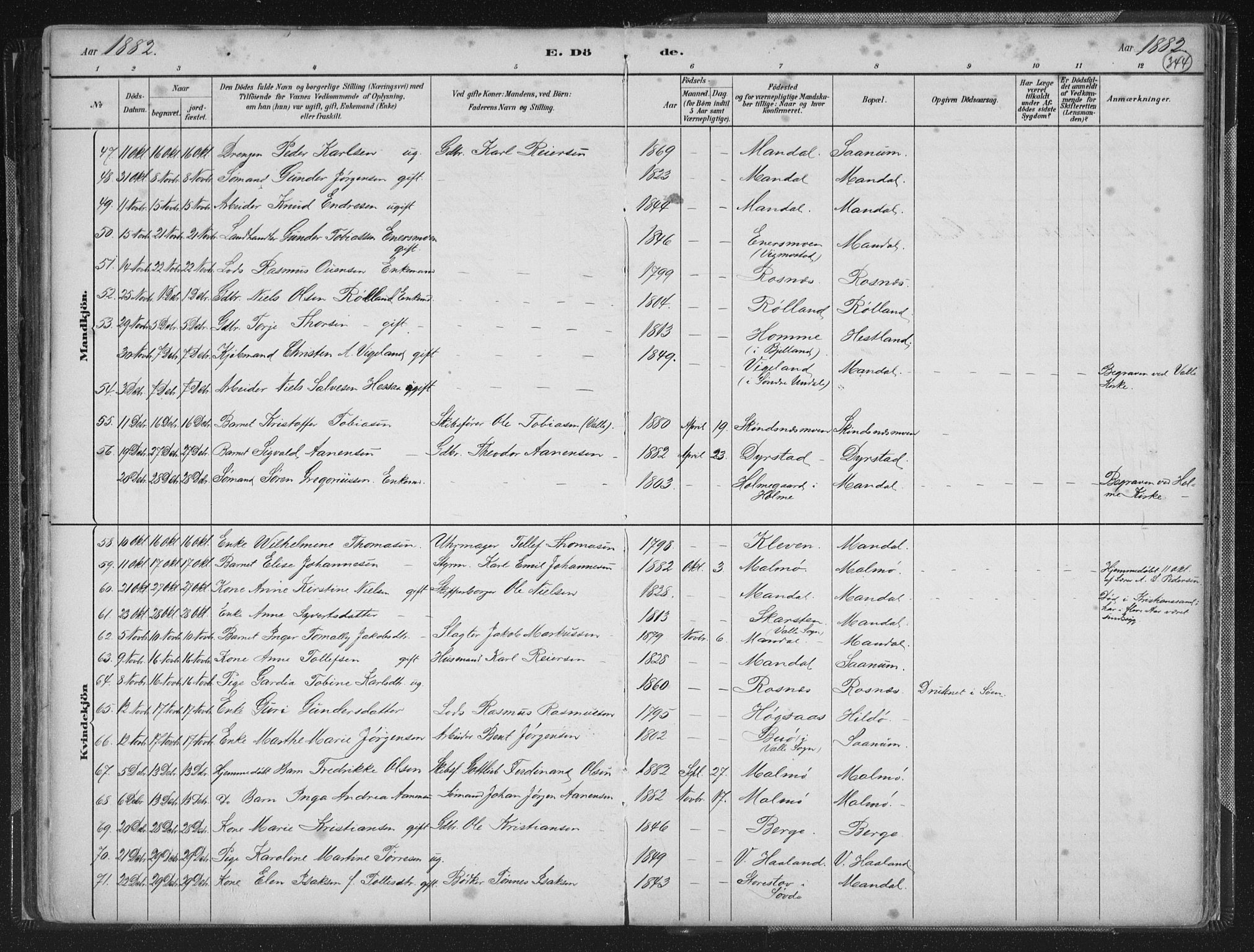 Mandal sokneprestkontor, AV/SAK-1111-0030/F/Fb/Fba/L0011: Parish register (copy) no. B 5, 1880-1898, p. 344