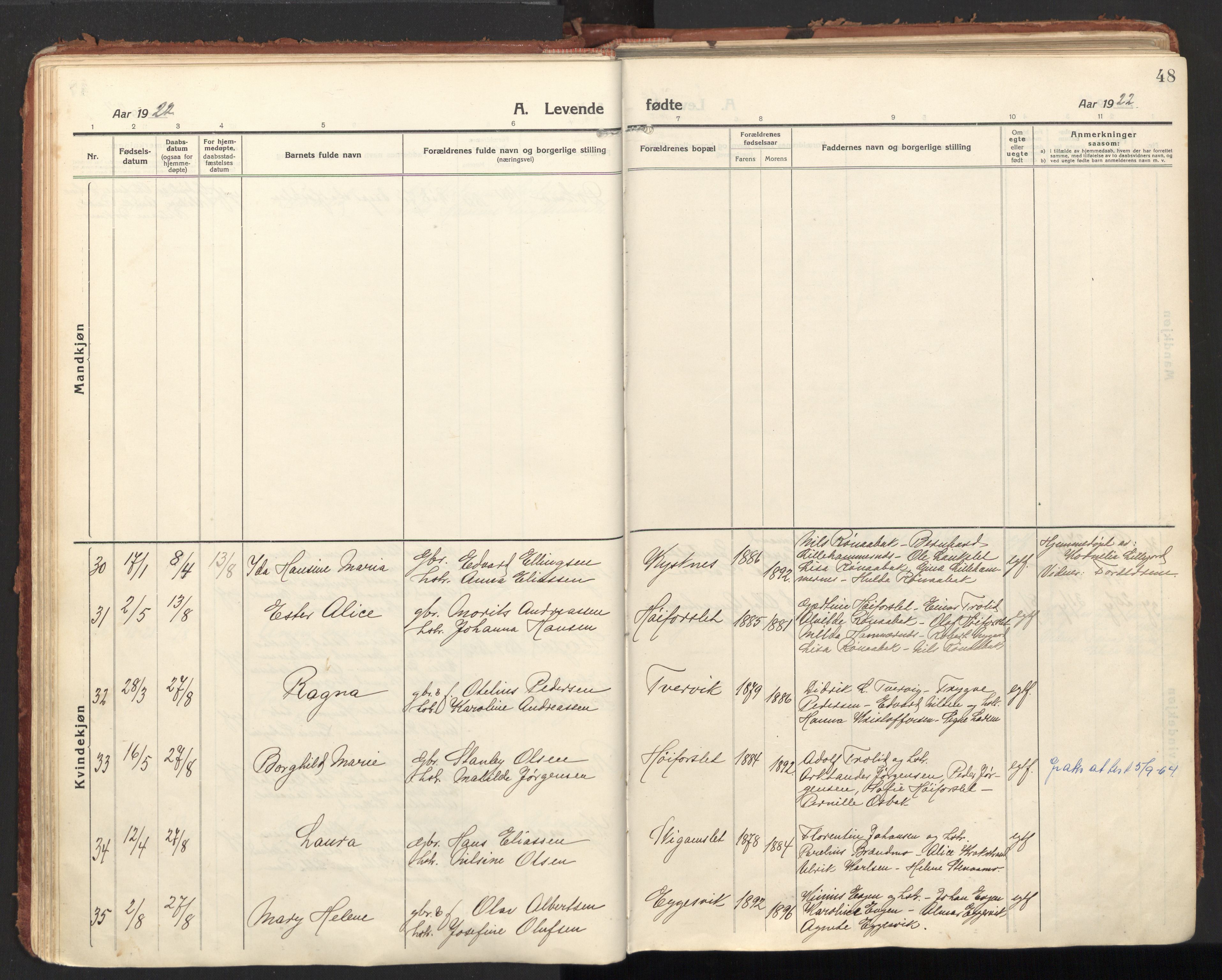 Ministerialprotokoller, klokkerbøker og fødselsregistre - Nordland, SAT/A-1459/846/L0650: Parish register (official) no. 846A08, 1916-1935, p. 48