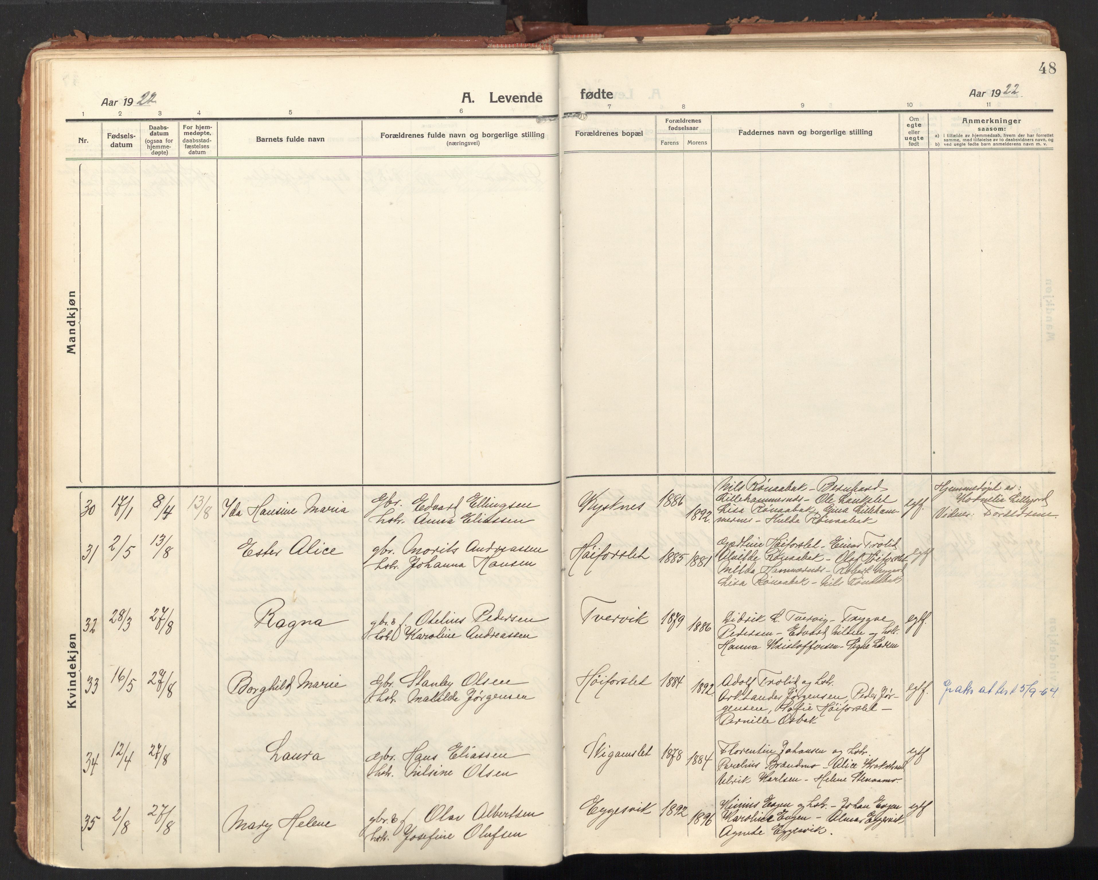 Ministerialprotokoller, klokkerbøker og fødselsregistre - Nordland, AV/SAT-A-1459/846/L0650: Parish register (official) no. 846A08, 1916-1935, p. 48