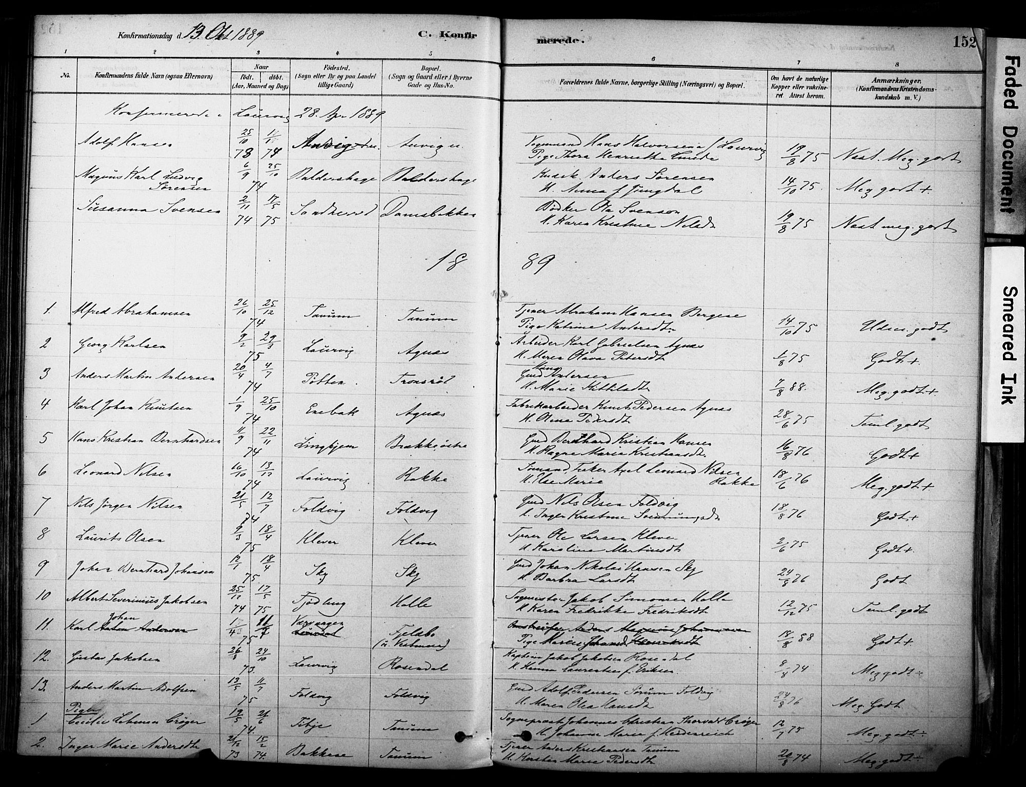 Brunlanes kirkebøker, AV/SAKO-A-342/F/Fc/L0001: Parish register (official) no. III 1, 1878-1899, p. 152