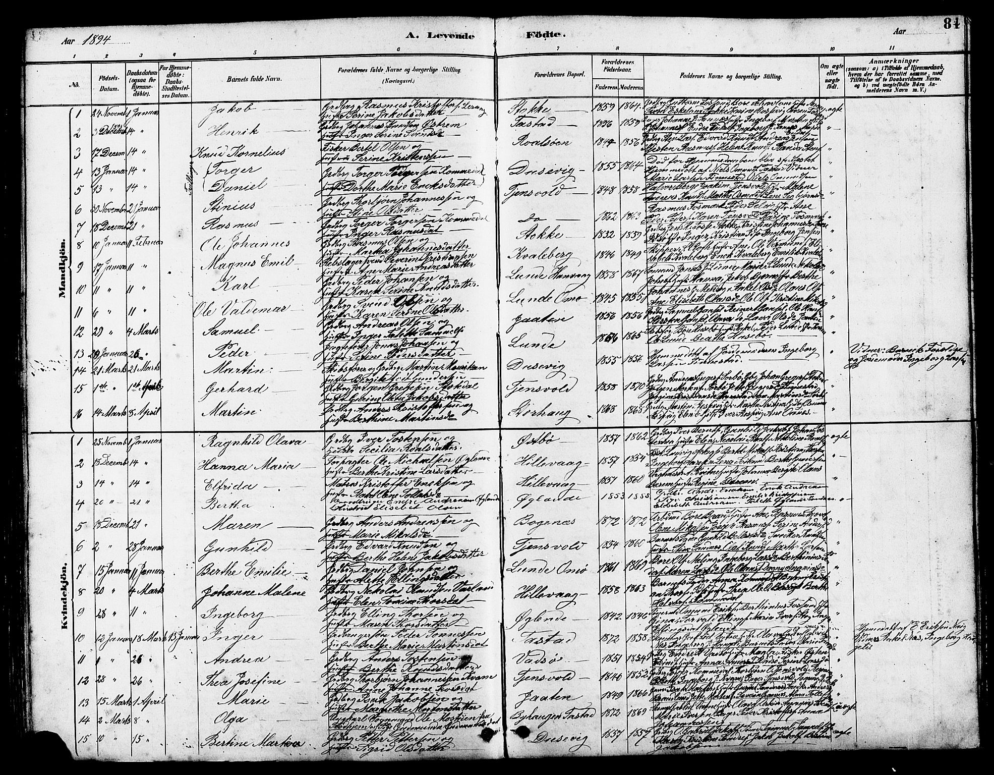 Hetland sokneprestkontor, SAST/A-101826/30/30BB/L0005: Parish register (copy) no. B 5, 1878-1910, p. 84