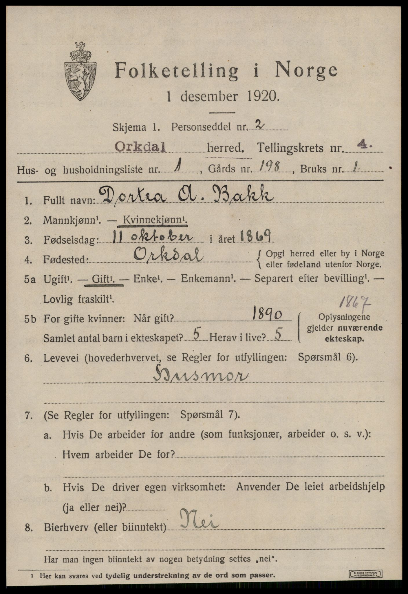 SAT, 1920 census for Orkdal, 1920, p. 3862