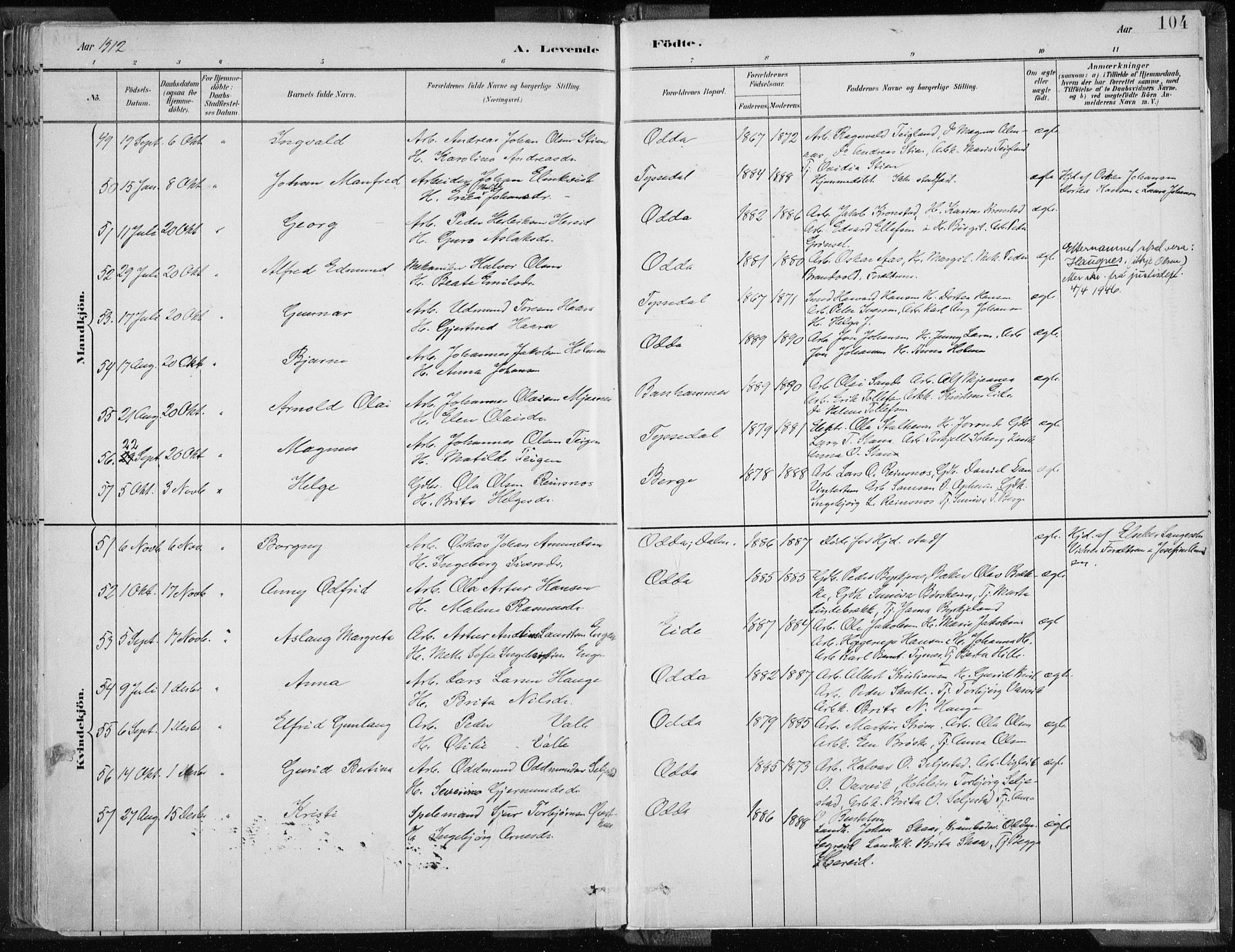 Odda Sokneprestembete, AV/SAB-A-77201/H/Haa: Parish register (official) no. A  3, 1882-1913, p. 104