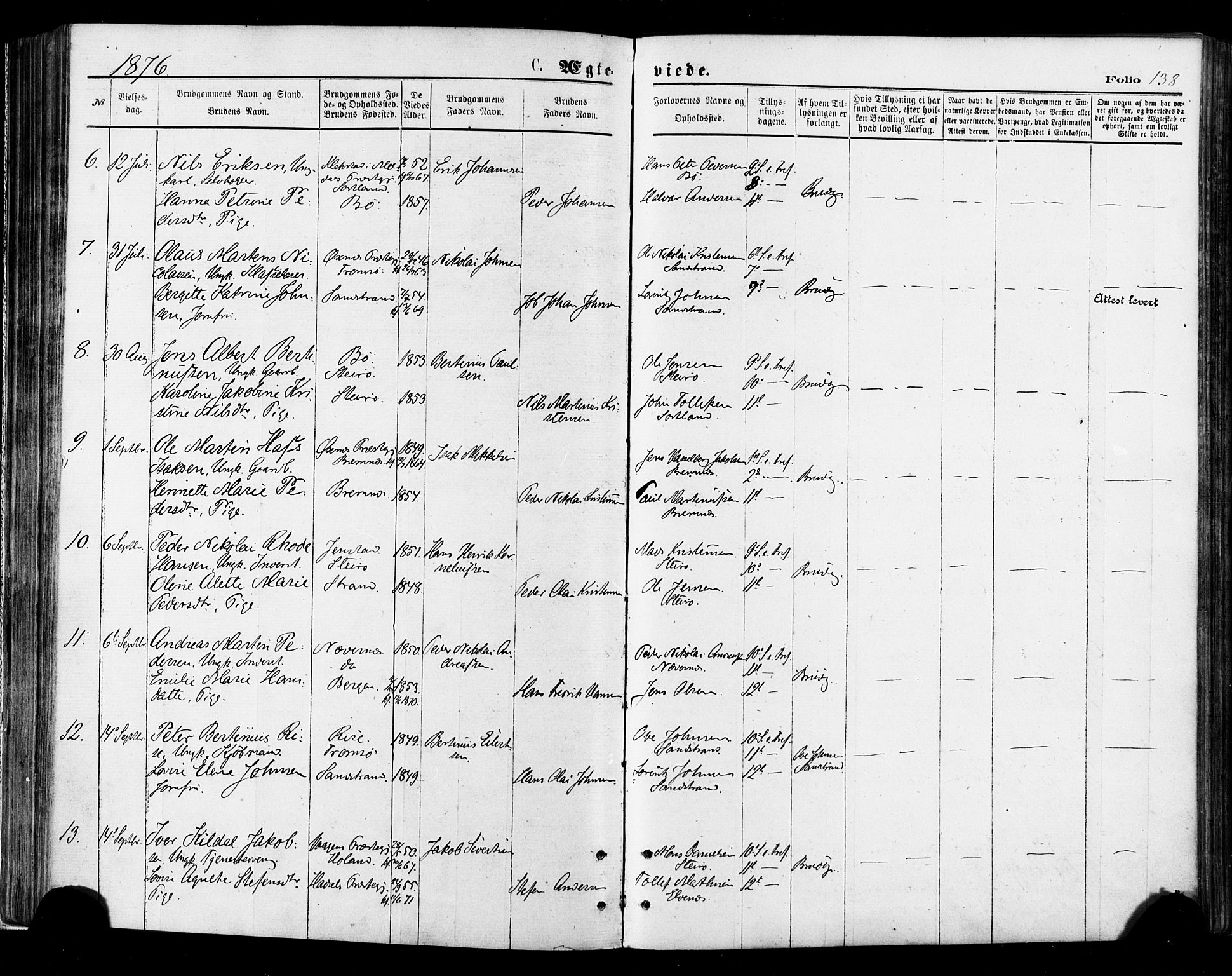 Ministerialprotokoller, klokkerbøker og fødselsregistre - Nordland, AV/SAT-A-1459/895/L1370: Parish register (official) no. 895A05, 1873-1884, p. 138