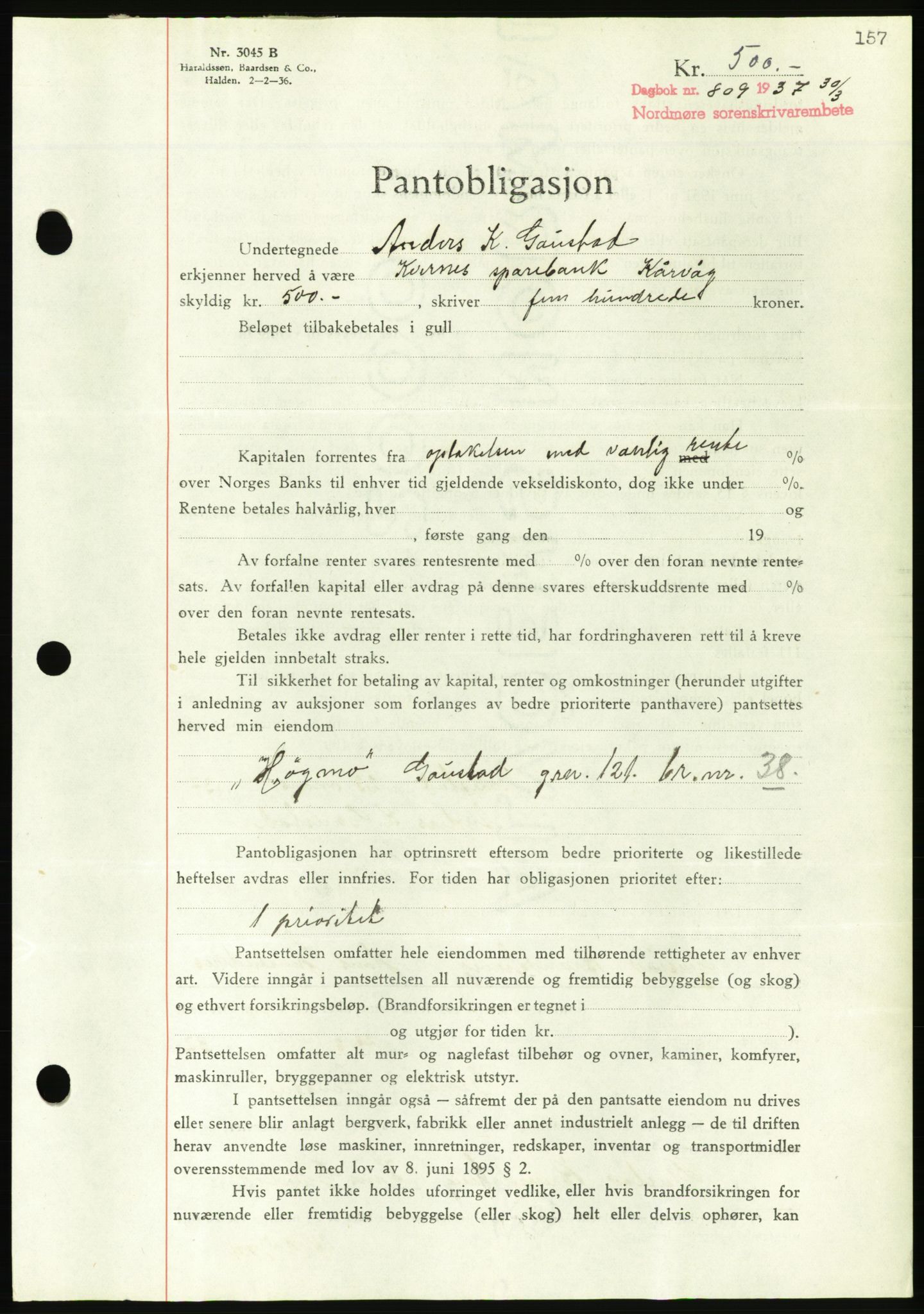 Nordmøre sorenskriveri, AV/SAT-A-4132/1/2/2Ca/L0091: Mortgage book no. B81, 1937-1937, Diary no: : 809/1937