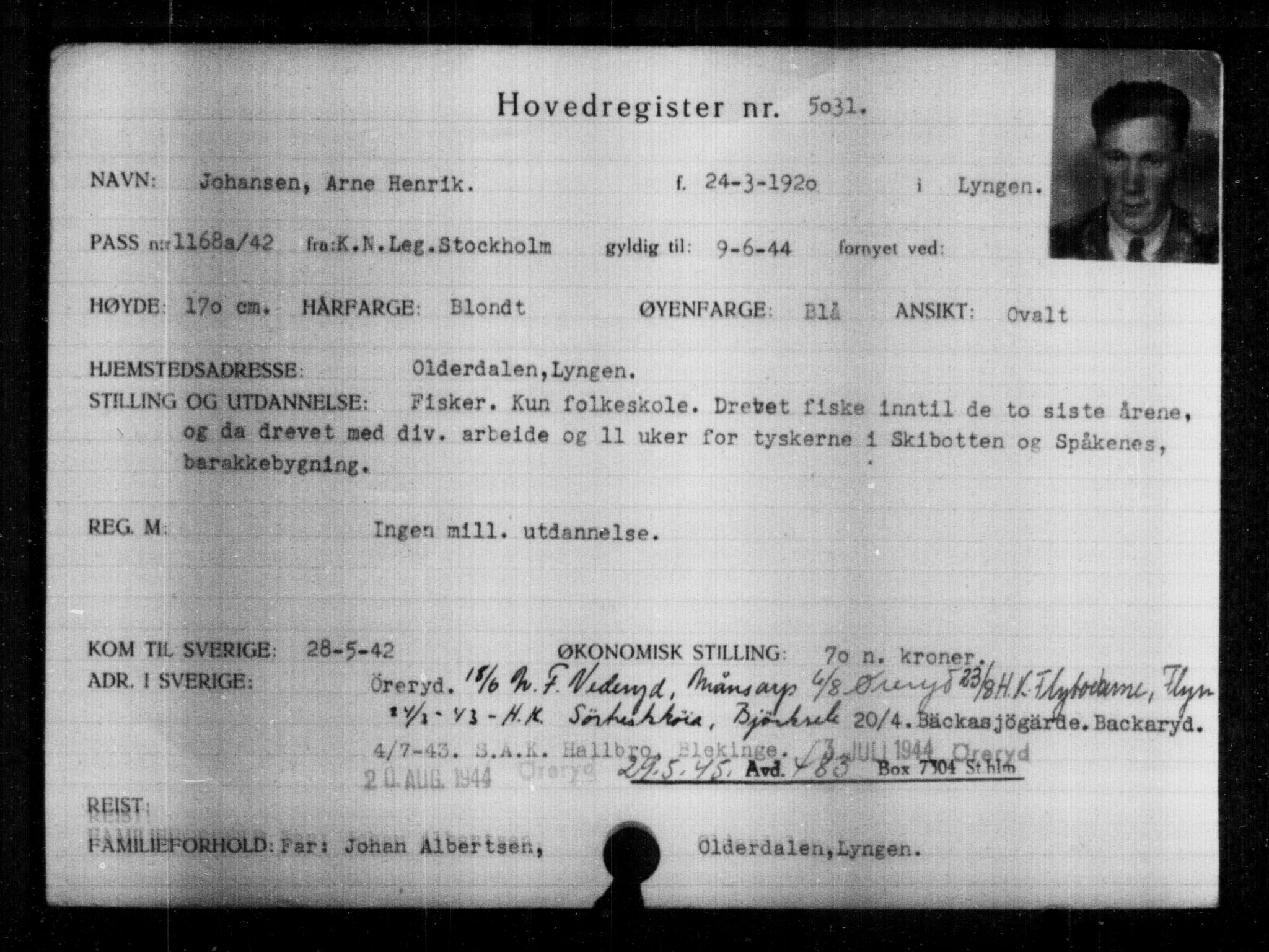 Utenriksstasjonene, Legasjonen i Stockholm, Flyktningkontoret, AV/RA-S-6753/V/Va/L0004: Kjesäterkartoteket, flyktninger med registreringsnr. 3496-6610, 1940-1945, p. 1819