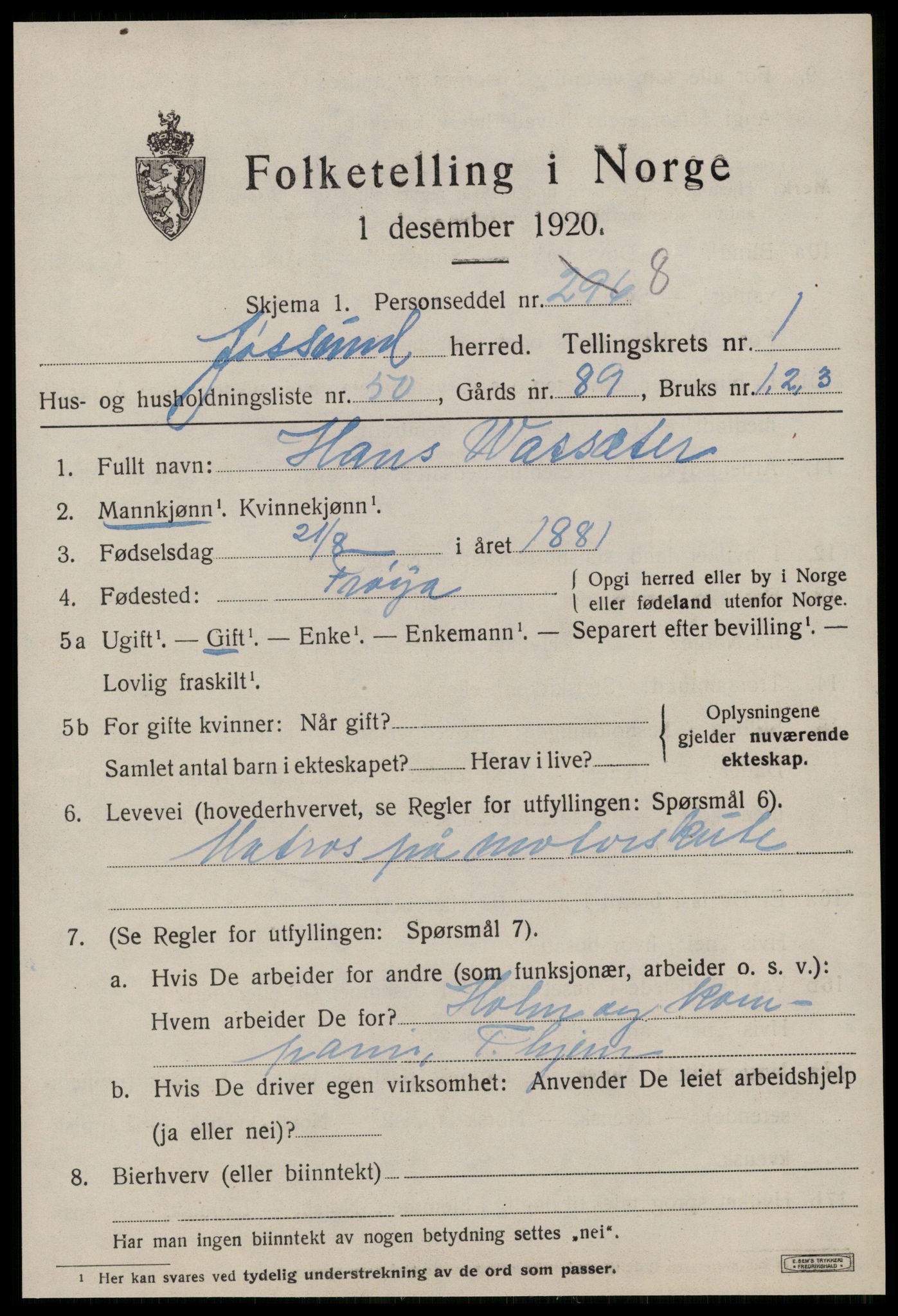 SAT, 1920 census for Jøssund, 1920, p. 1326