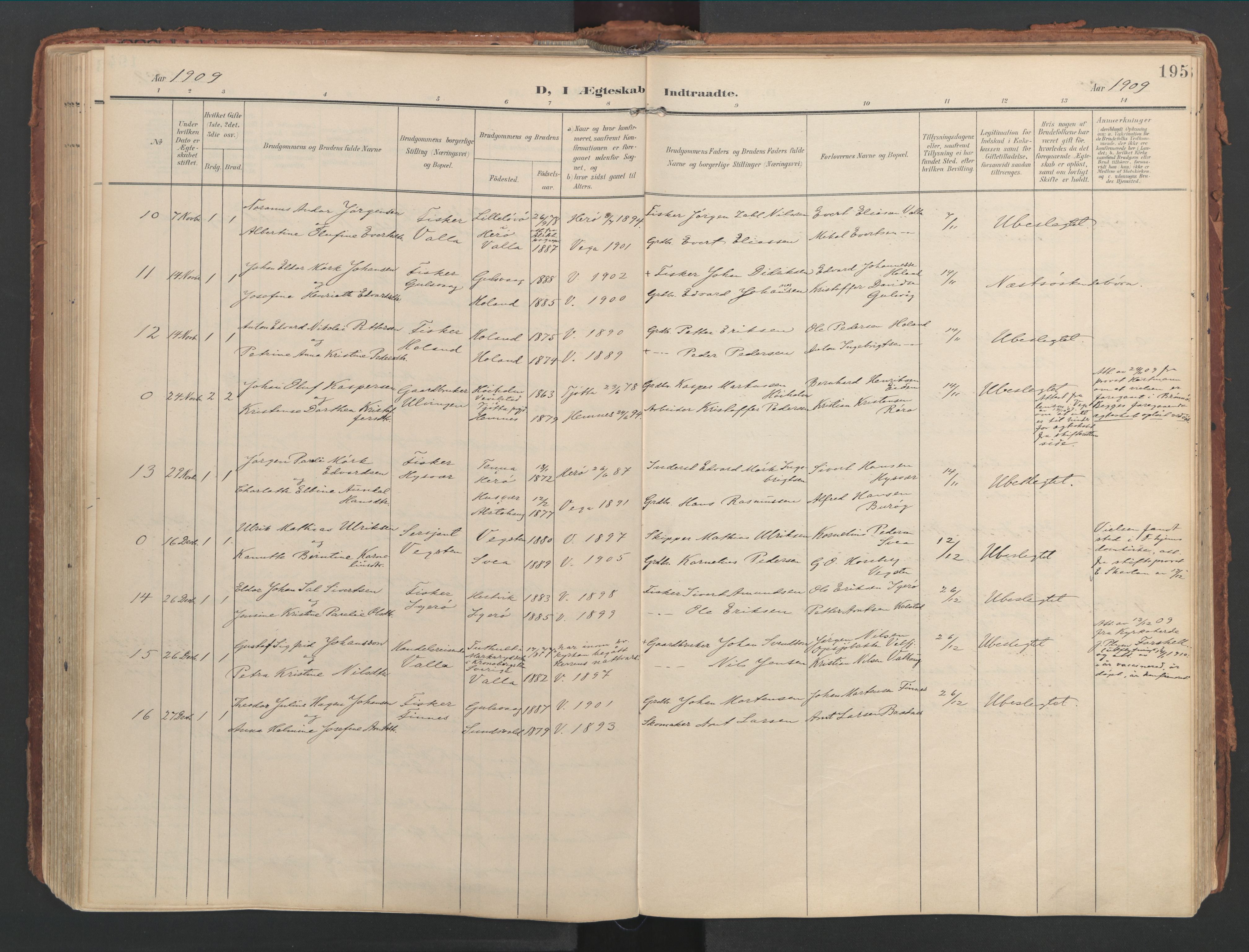 Ministerialprotokoller, klokkerbøker og fødselsregistre - Nordland, AV/SAT-A-1459/816/L0250: Parish register (official) no. 816A16, 1903-1923, p. 195