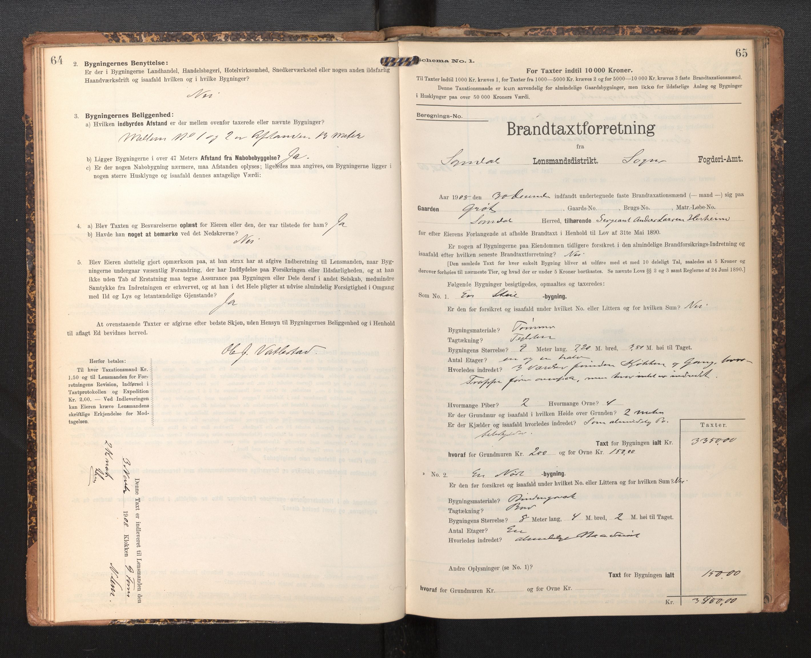 Lensmannen i Sogndal, AV/SAB-A-29901/0012/L0010: Branntakstprotokoll, skjematakst, 1907-1914, p. 64-65