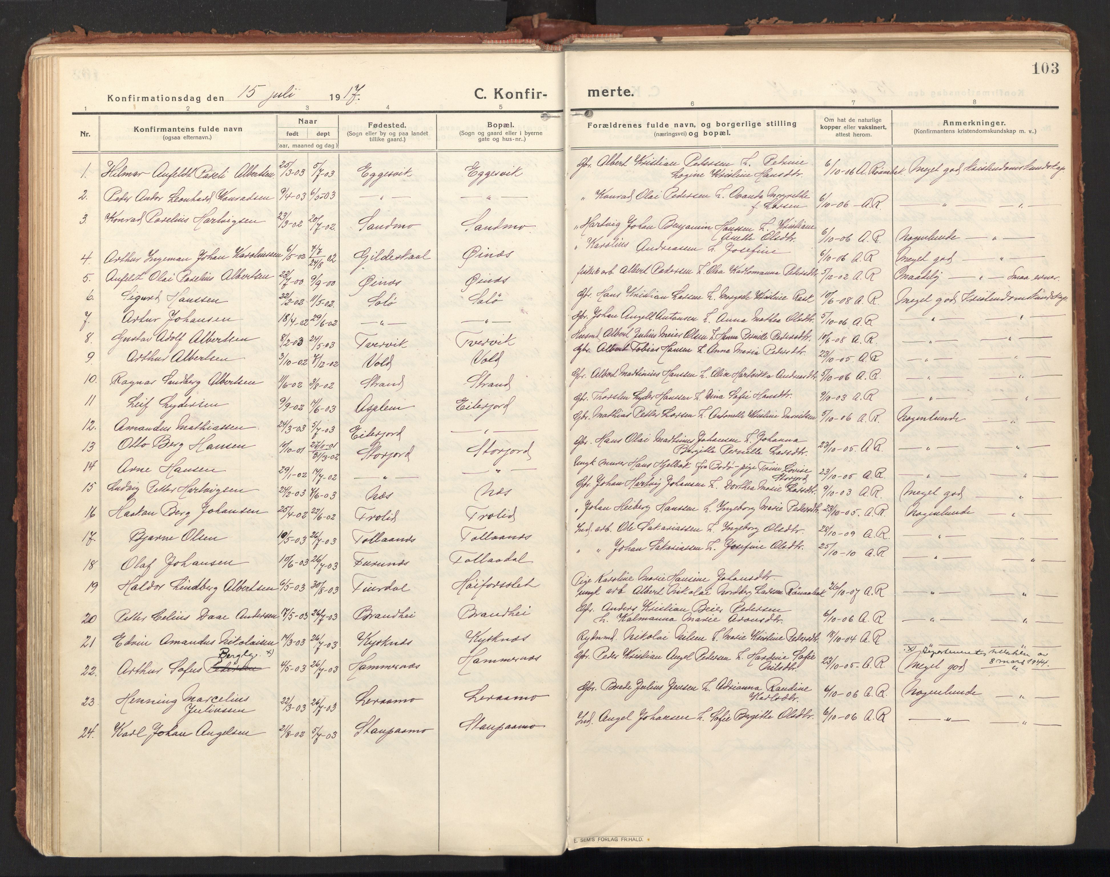 Ministerialprotokoller, klokkerbøker og fødselsregistre - Nordland, AV/SAT-A-1459/846/L0650: Parish register (official) no. 846A08, 1916-1935, p. 103