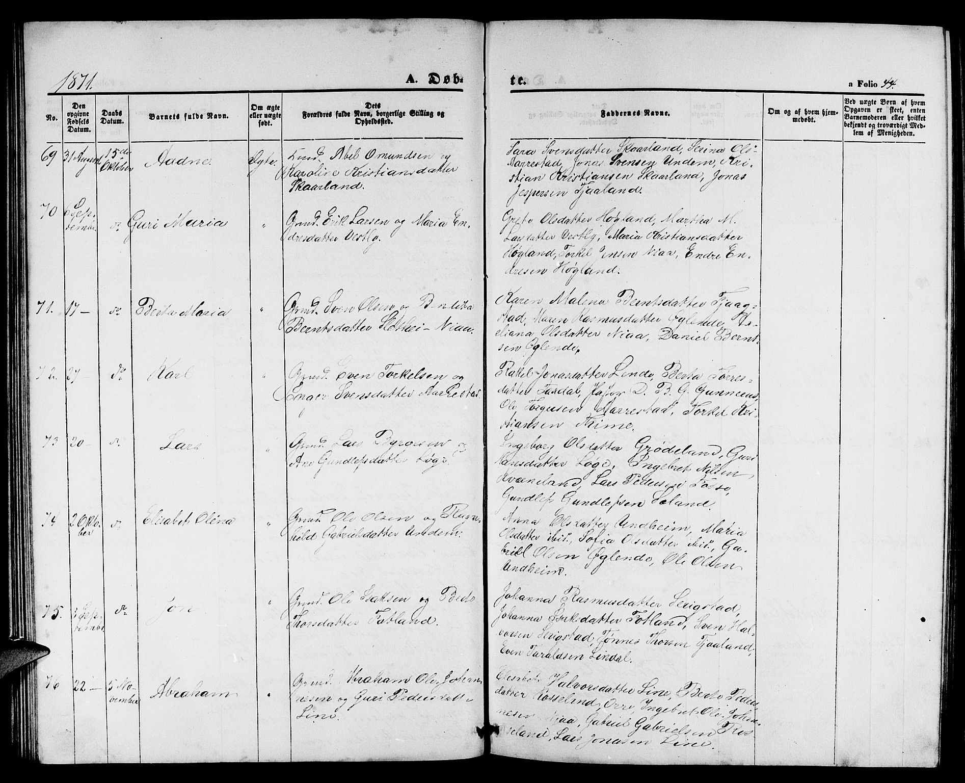 Lye sokneprestkontor, AV/SAST-A-101794/001/30BB/L0004: Parish register (copy) no. B 4, 1868-1878, p. 44