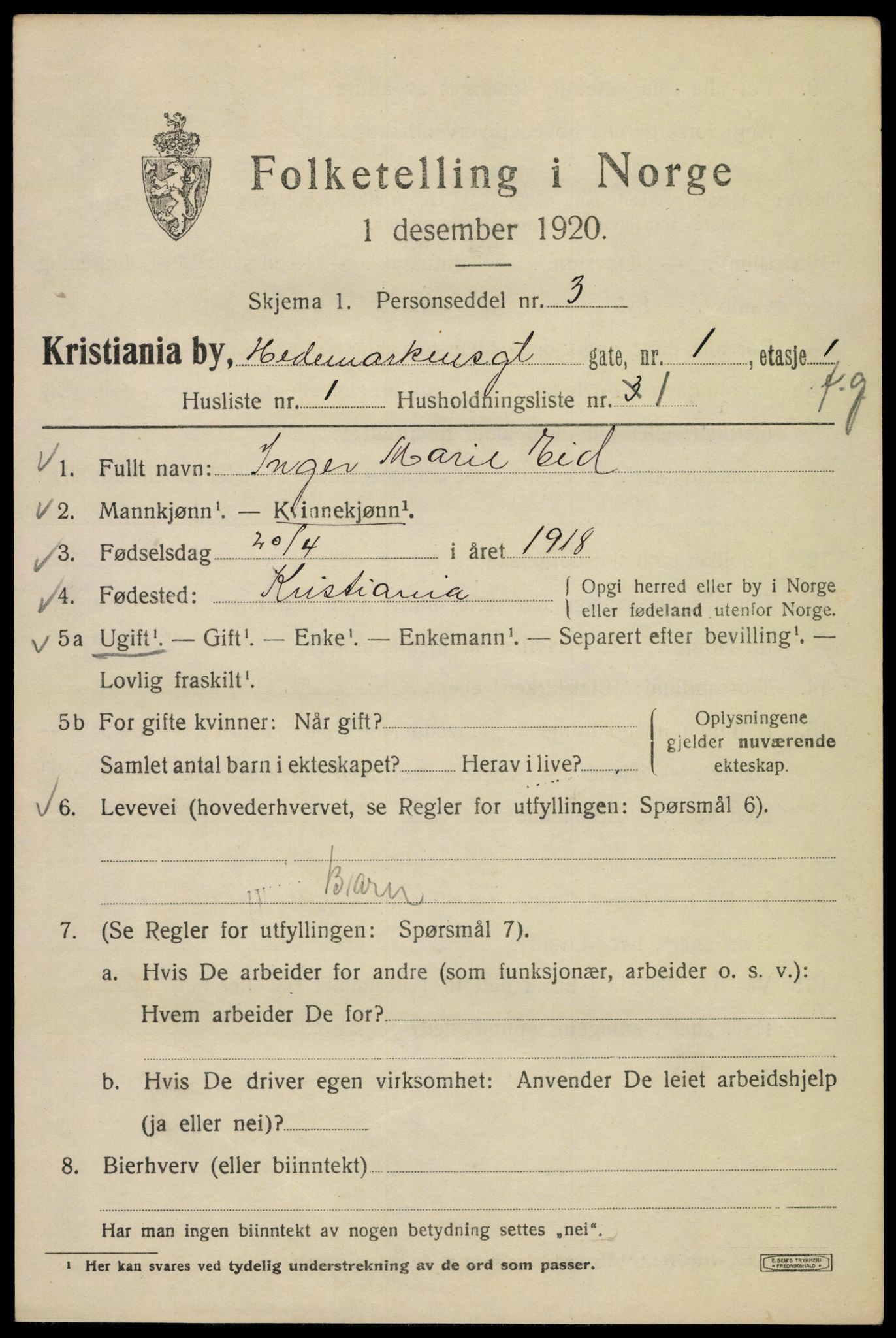 SAO, 1920 census for Kristiania, 1920, p. 277227