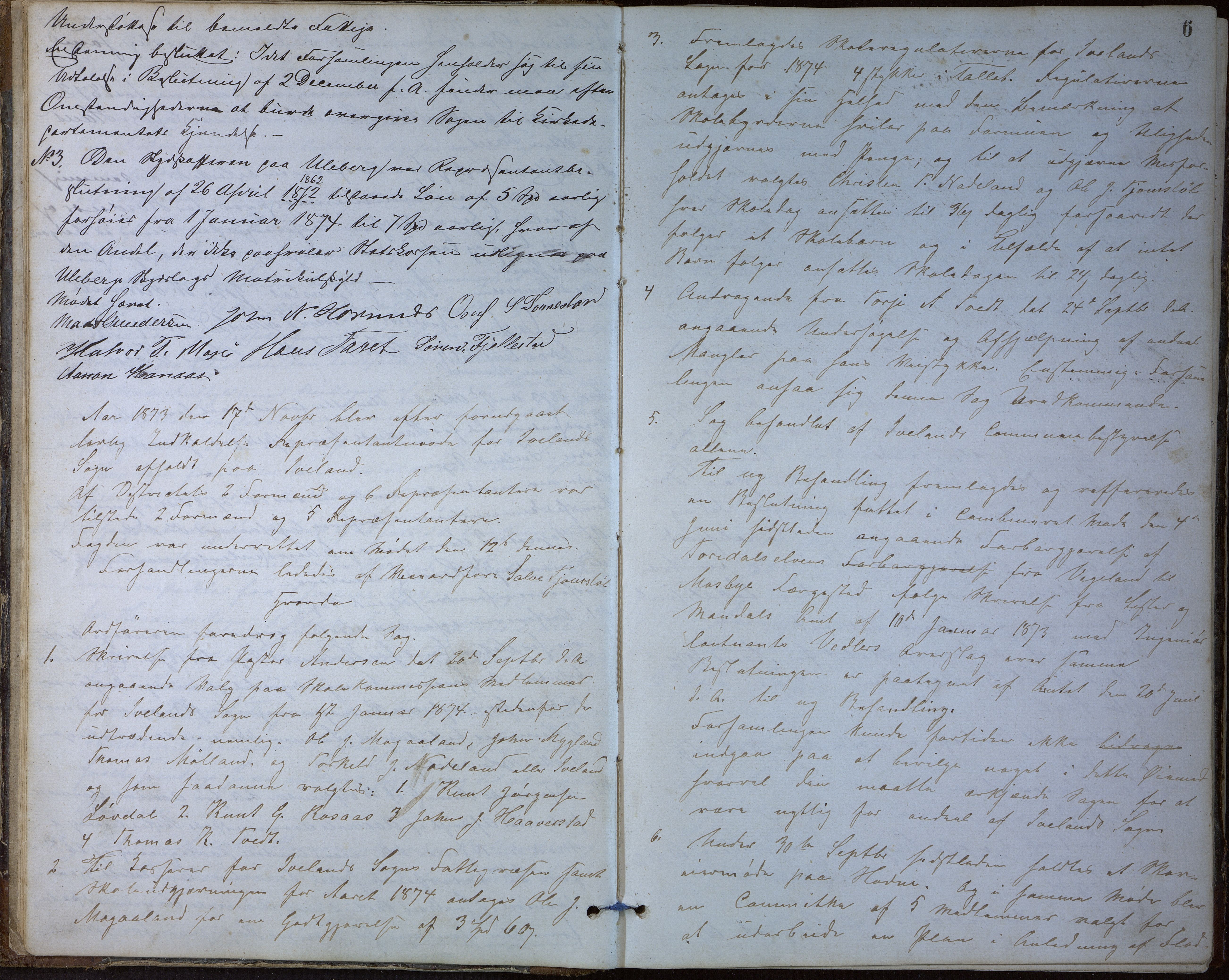 Hornnes og Iveland kommune, Formannsskapet, AAKS/KA0935a-120/A/L0003: Forhandlingsprotokoll formannskapet Hornnes og Iveland, 1873-1885, p. 6
