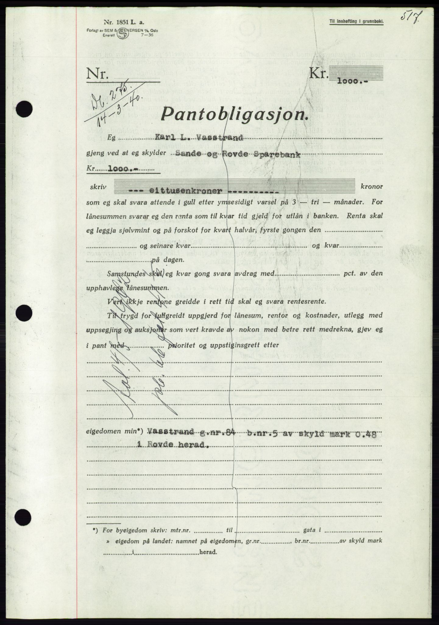 Søre Sunnmøre sorenskriveri, AV/SAT-A-4122/1/2/2C/L0069: Mortgage book no. 63, 1939-1940, Diary no: : 275/1940