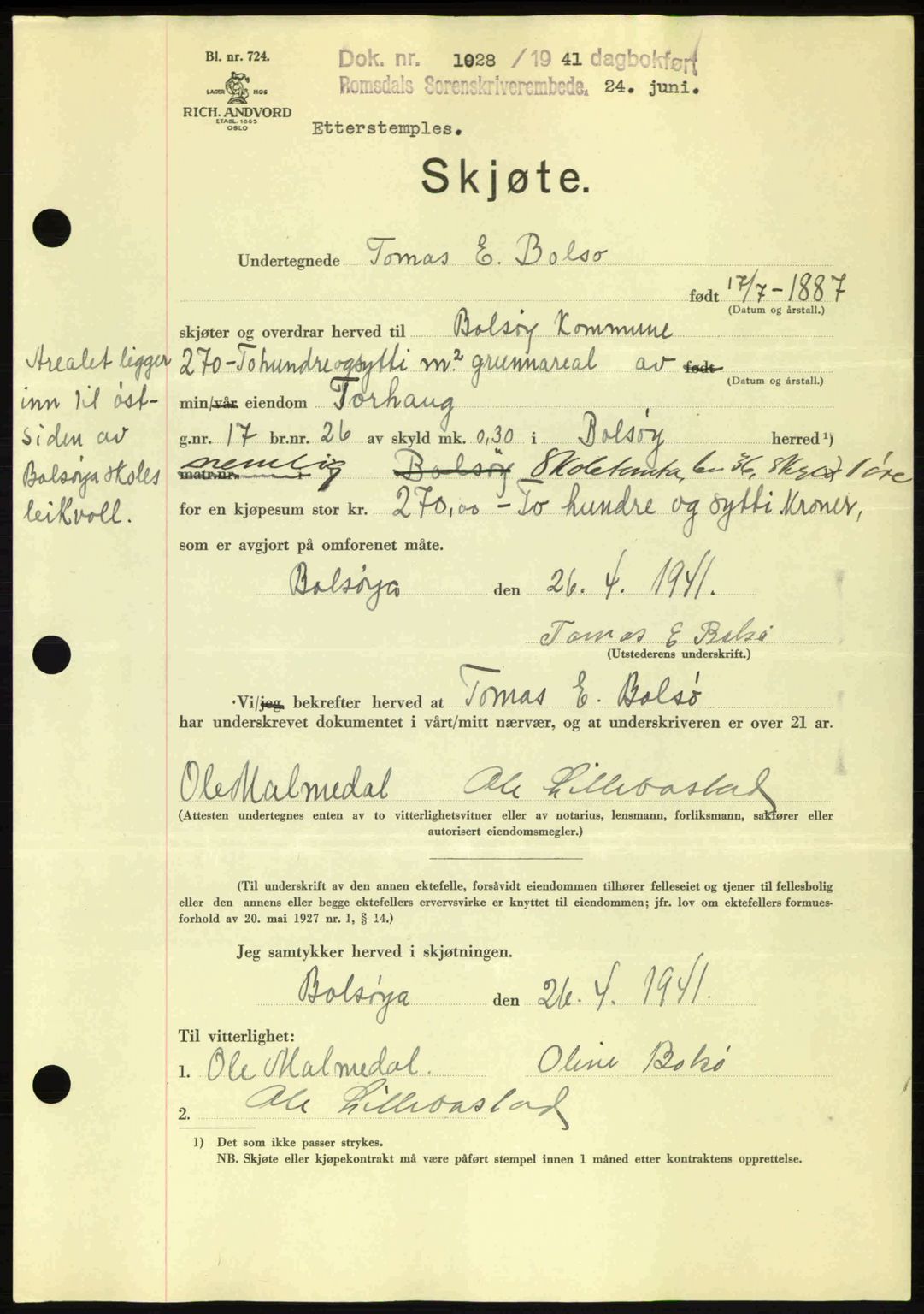 Romsdal sorenskriveri, AV/SAT-A-4149/1/2/2C: Mortgage book no. A10, 1941-1941, Diary no: : 1028/1941