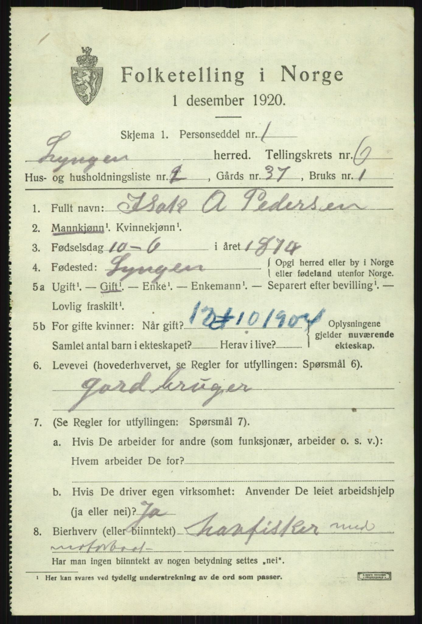 SATØ, 1920 census for Lyngen, 1920, p. 6604