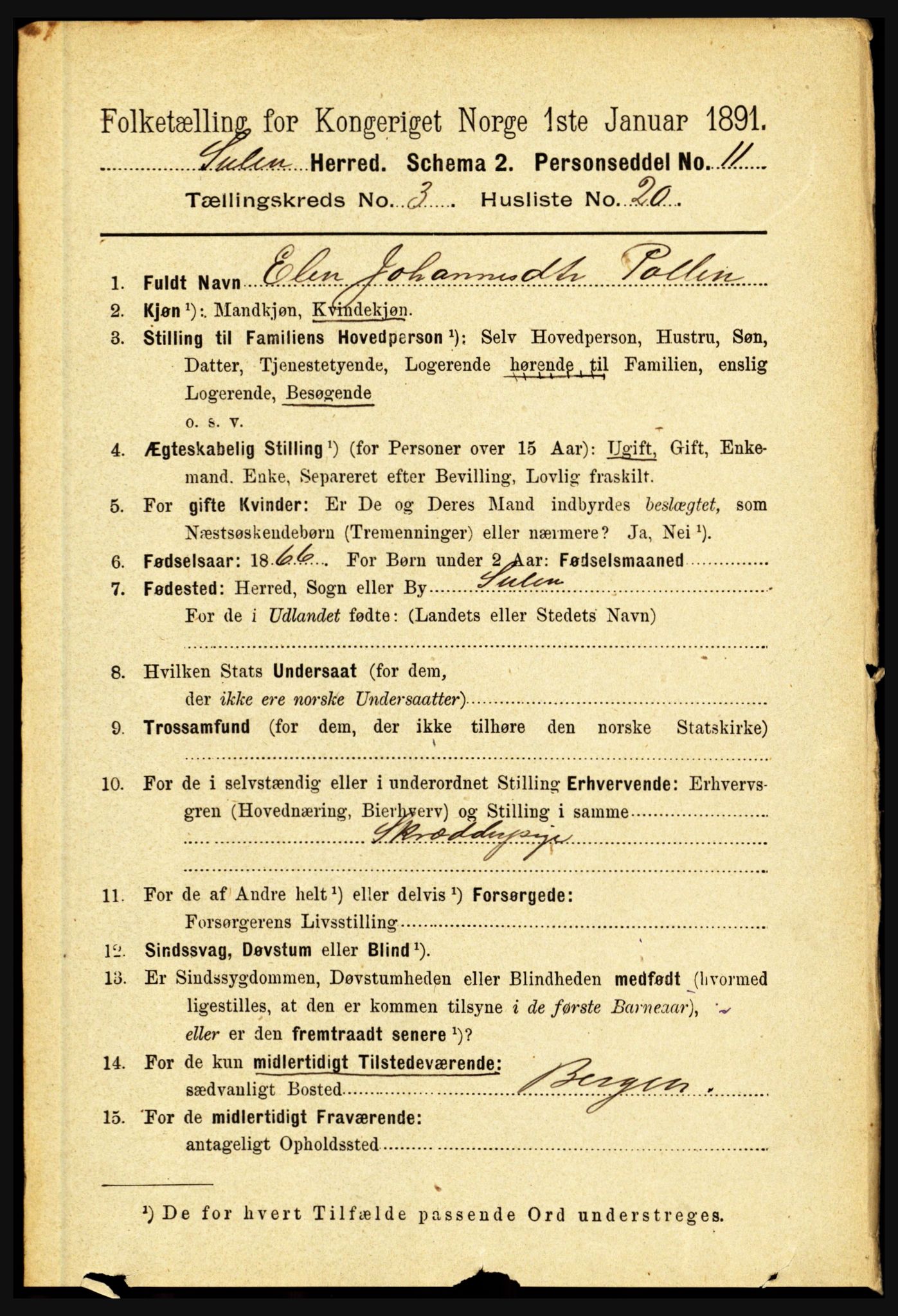 RA, 1891 census for 1412 Solund, 1891, p. 1274