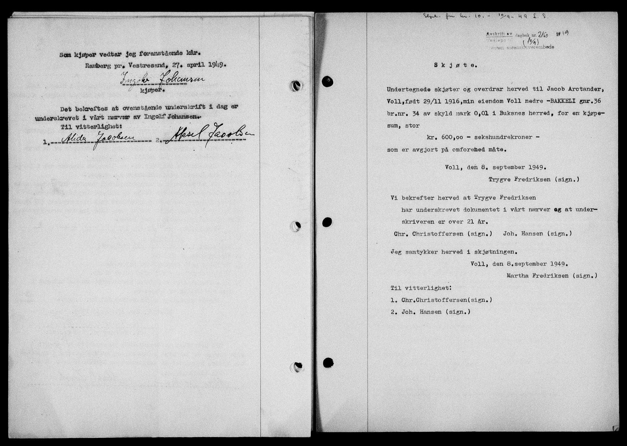 Lofoten sorenskriveri, SAT/A-0017/1/2/2C/L0021a: Mortgage book no. 21a, 1949-1949, Diary no: : 2150/1949