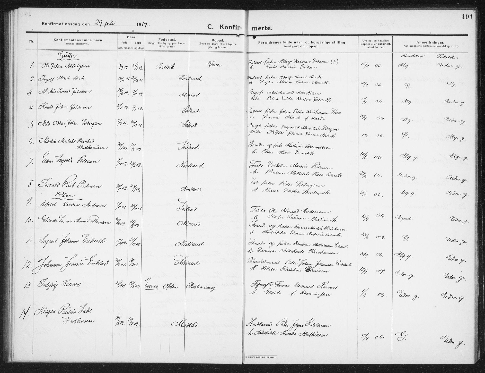 Ministerialprotokoller, klokkerbøker og fødselsregistre - Nordland, AV/SAT-A-1459/807/L0124: Parish register (copy) no. 807C02, 1910-1935, p. 101