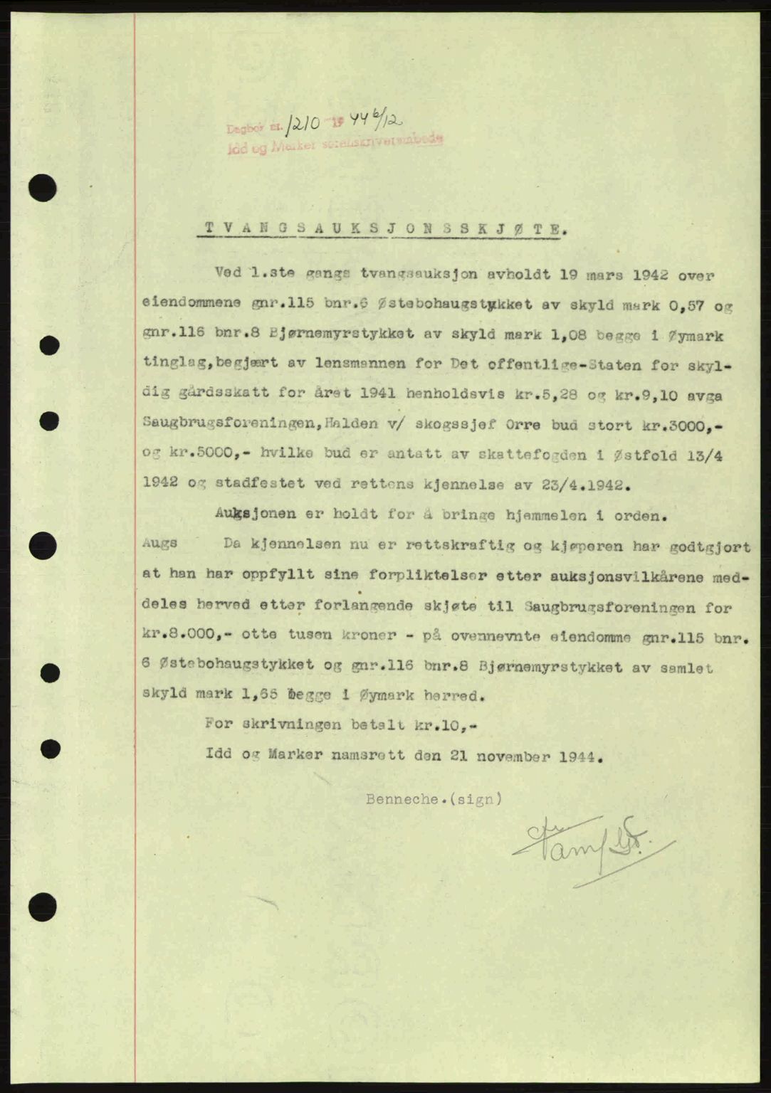 Idd og Marker sorenskriveri, AV/SAO-A-10283/G/Gb/Gbb/L0007: Mortgage book no. A7, 1944-1945, Diary no: : 1210/1944