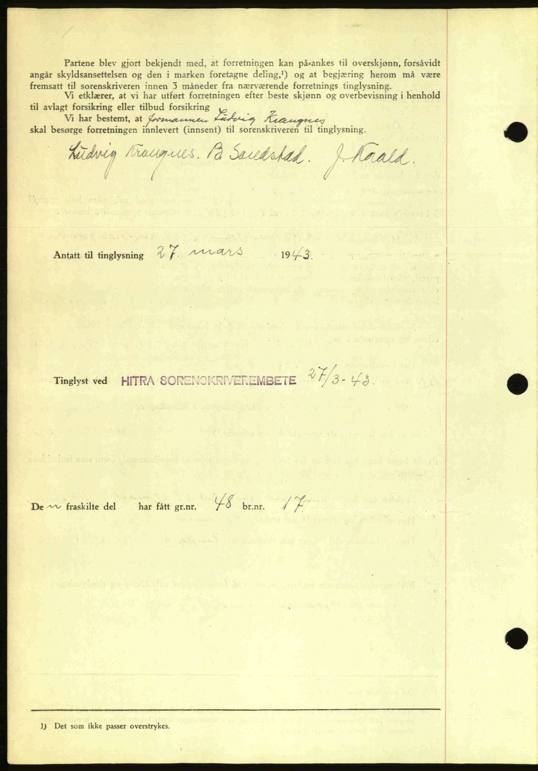 Hitra sorenskriveri, AV/SAT-A-0018/2/2C/2Ca: Mortgage book no. A2, 1943-1945, Diary no: : 253/1943