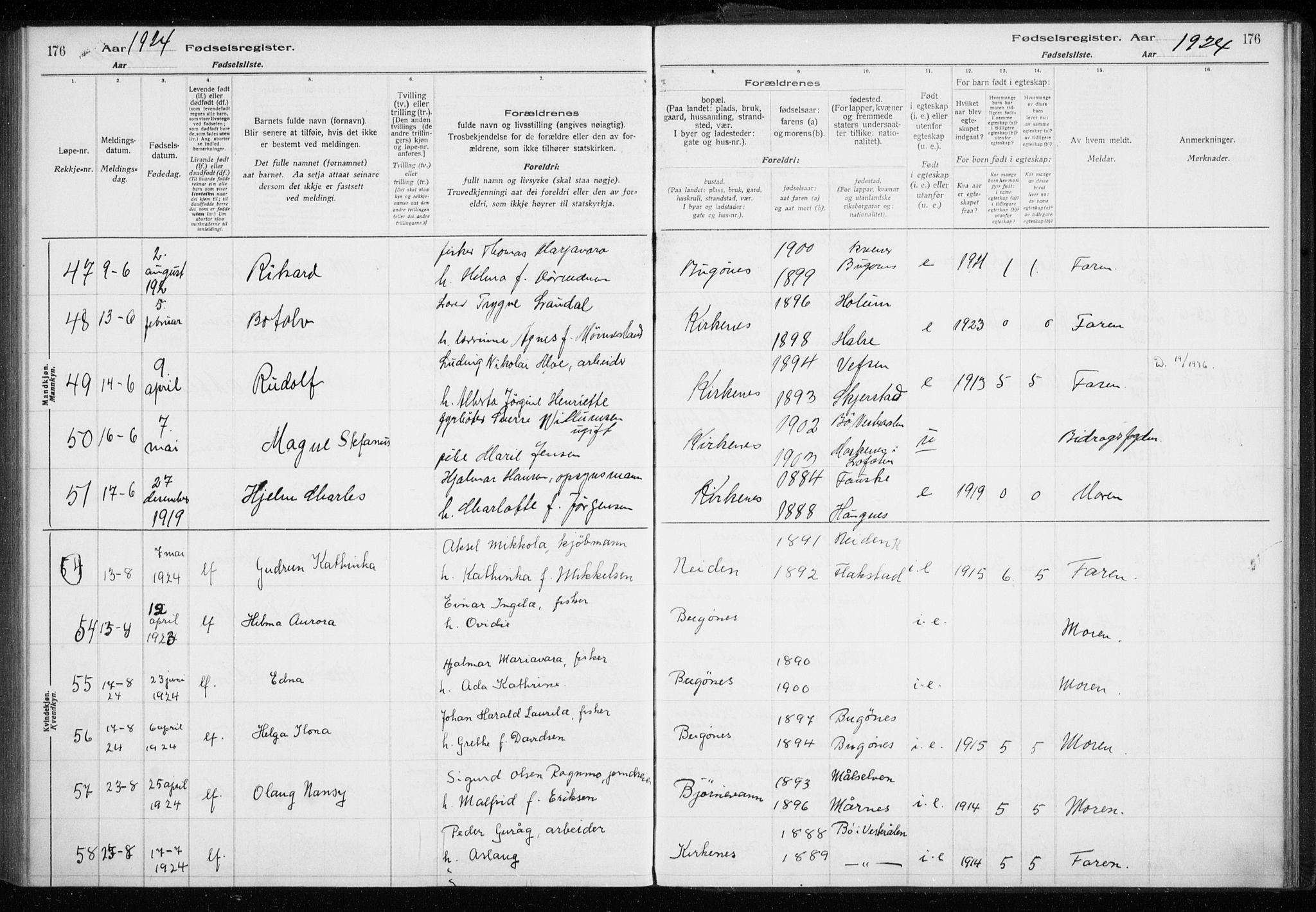 Sør-Varanger sokneprestkontor, AV/SATØ-S-1331/I/Ia/L0016: Birth register no. 16, 1915-1925, p. 176