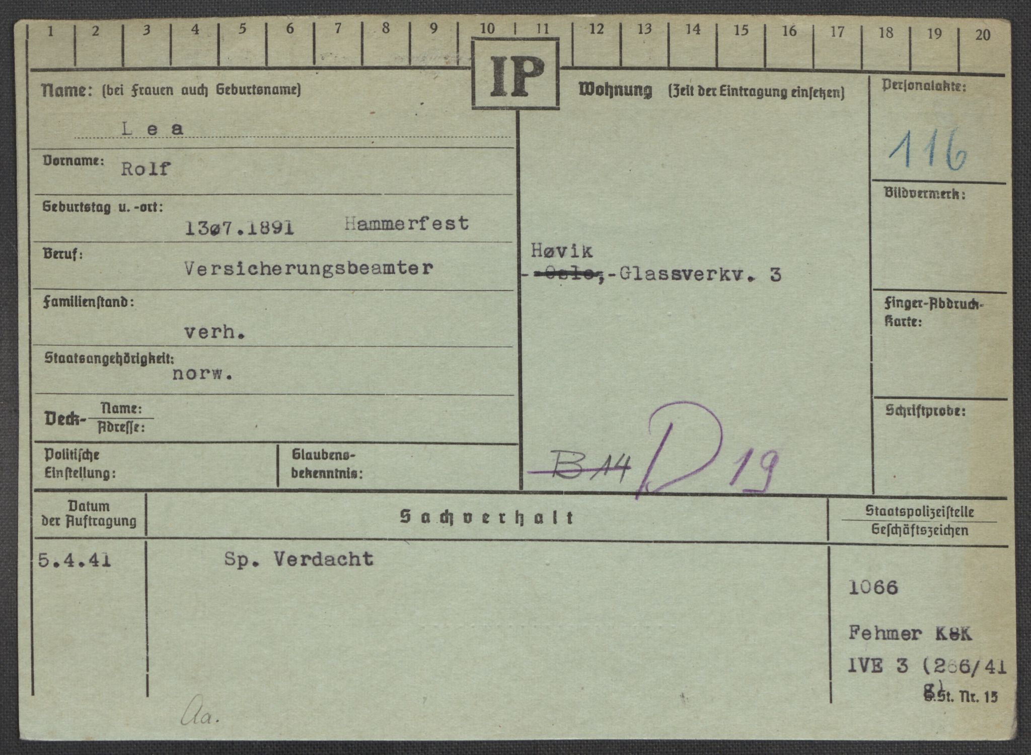 Befehlshaber der Sicherheitspolizei und des SD, RA/RAFA-5969/E/Ea/Eaa/L0006: Register over norske fanger i Møllergata 19: Kj-Lund, 1940-1945, p. 977