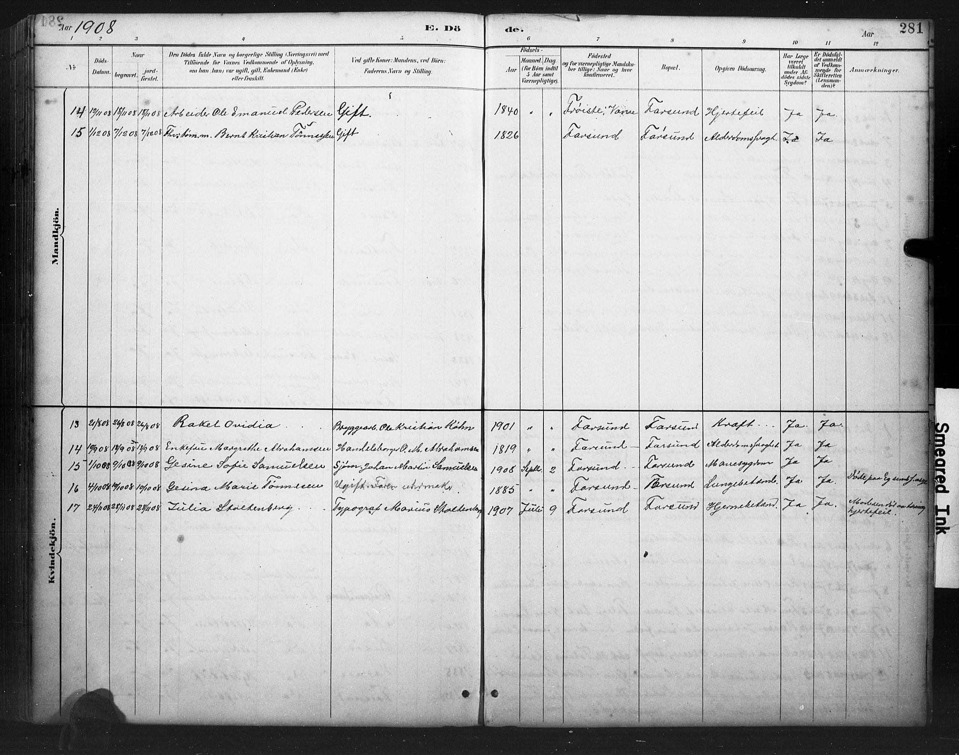 Farsund sokneprestkontor, AV/SAK-1111-0009/F/Fb/L0001: Parish register (copy) no. B 1, 1886-1931, p. 281